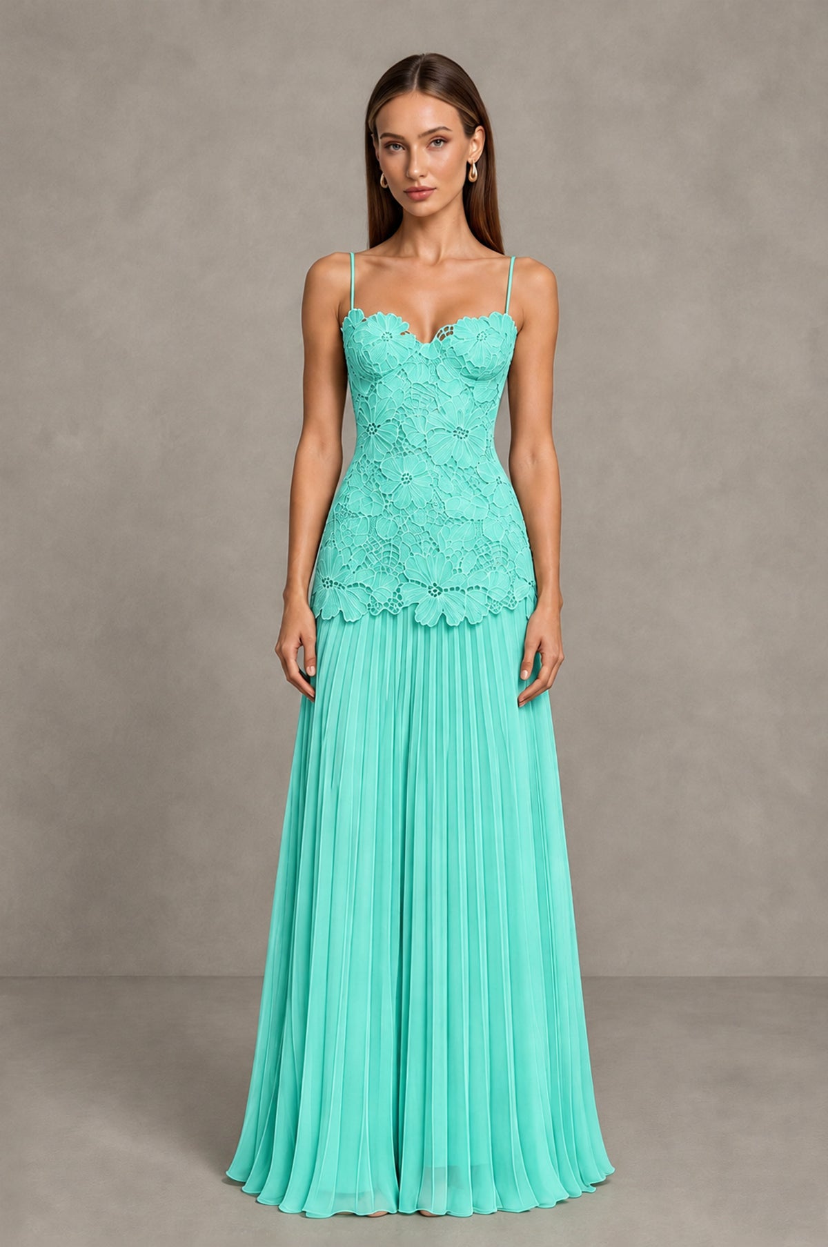 BOLODOO Turquoise Lace Bodice Pleated Wedding Guest Dress - Turquoise - Turquoise_1