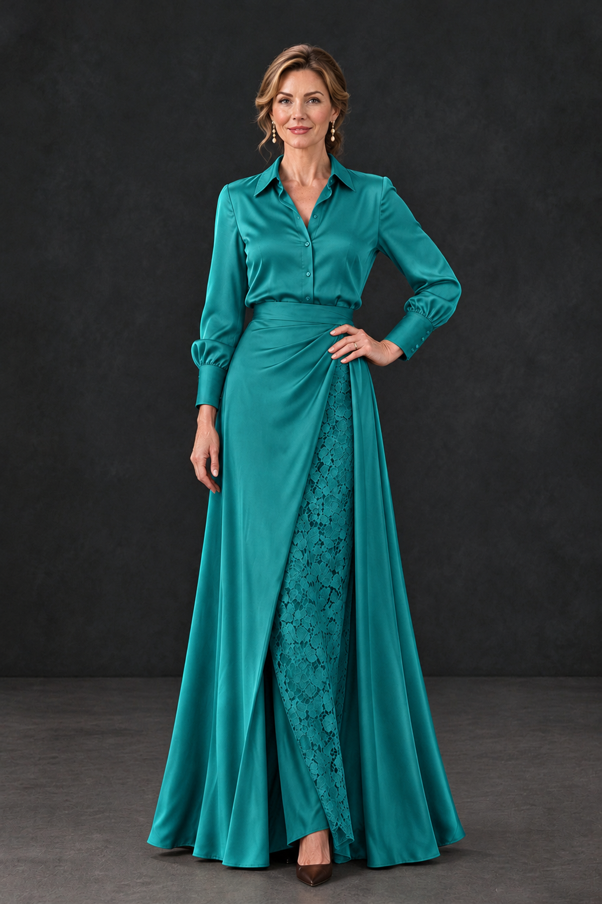BOLODOO Turquoise Long Sleeve Satin-Look Lace Panel Gown - Turquoise - Turquoise_1