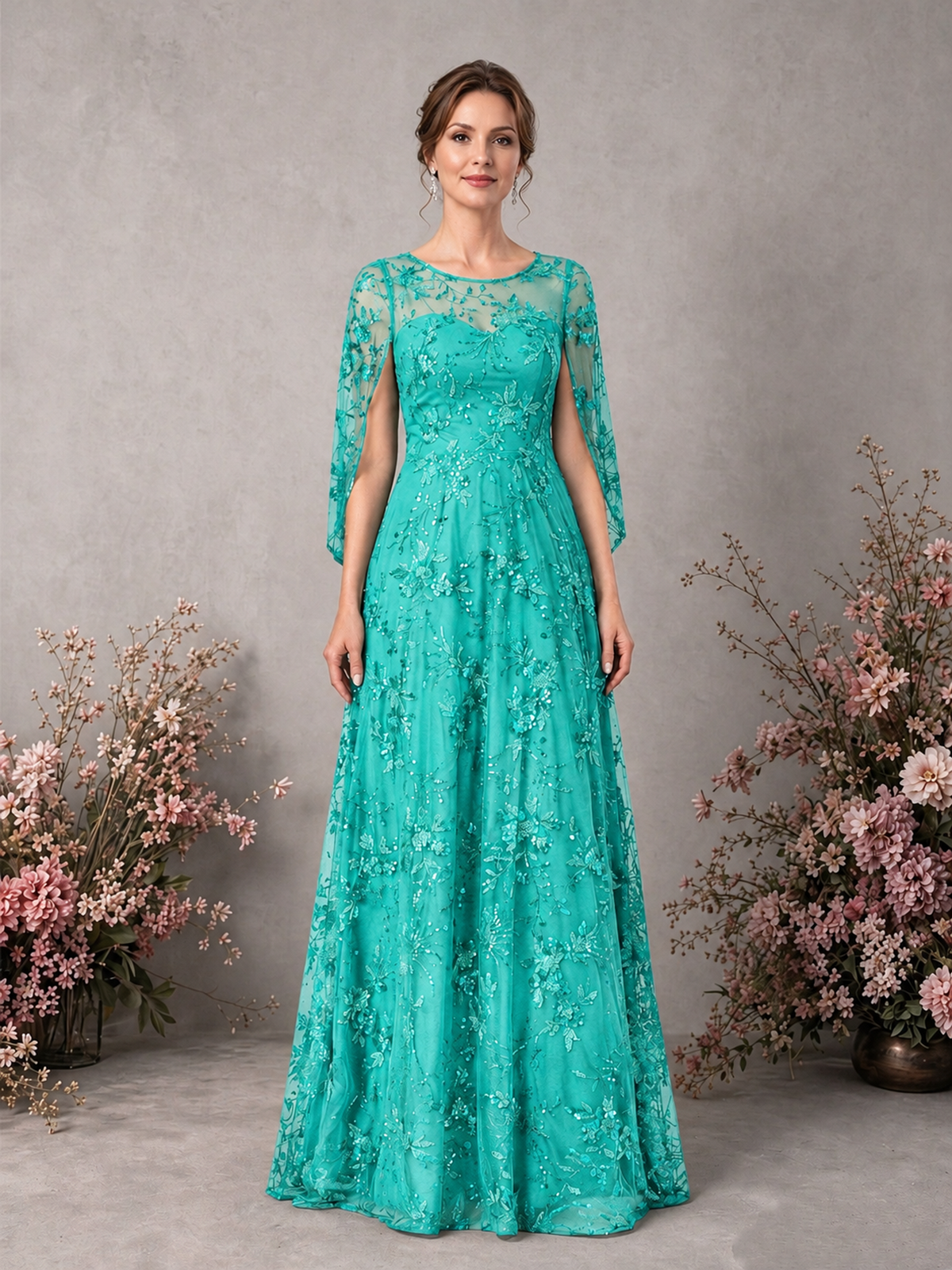 BOLODOO Turquoise Sequin Lace Cape Sleeve Formal Evening Gown - Turquoise - Turquoise_1