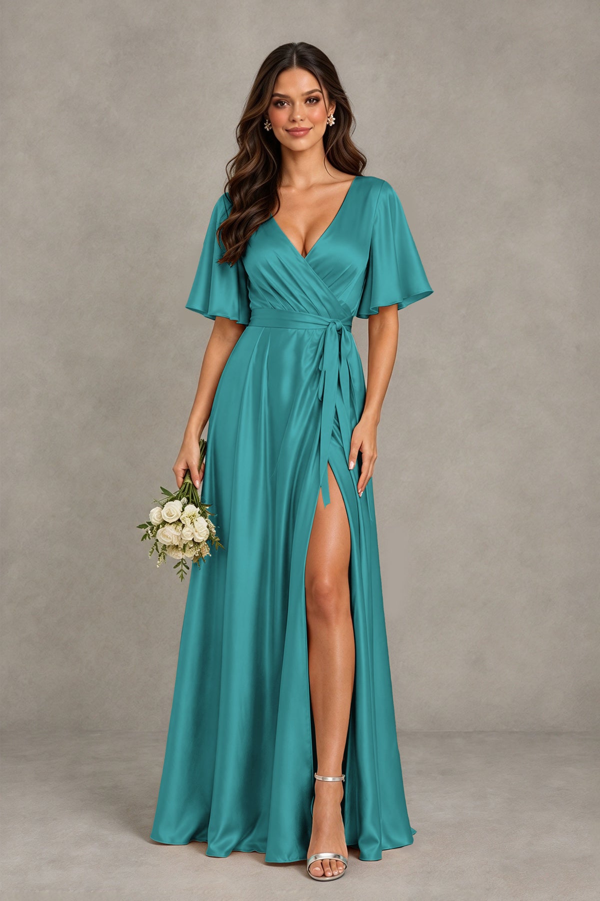 BOLODOO Turquoise Satin V-Neck Flutter Sleeve Bridesmaid Dress with Slit - Turquoise - Turquoise(1)