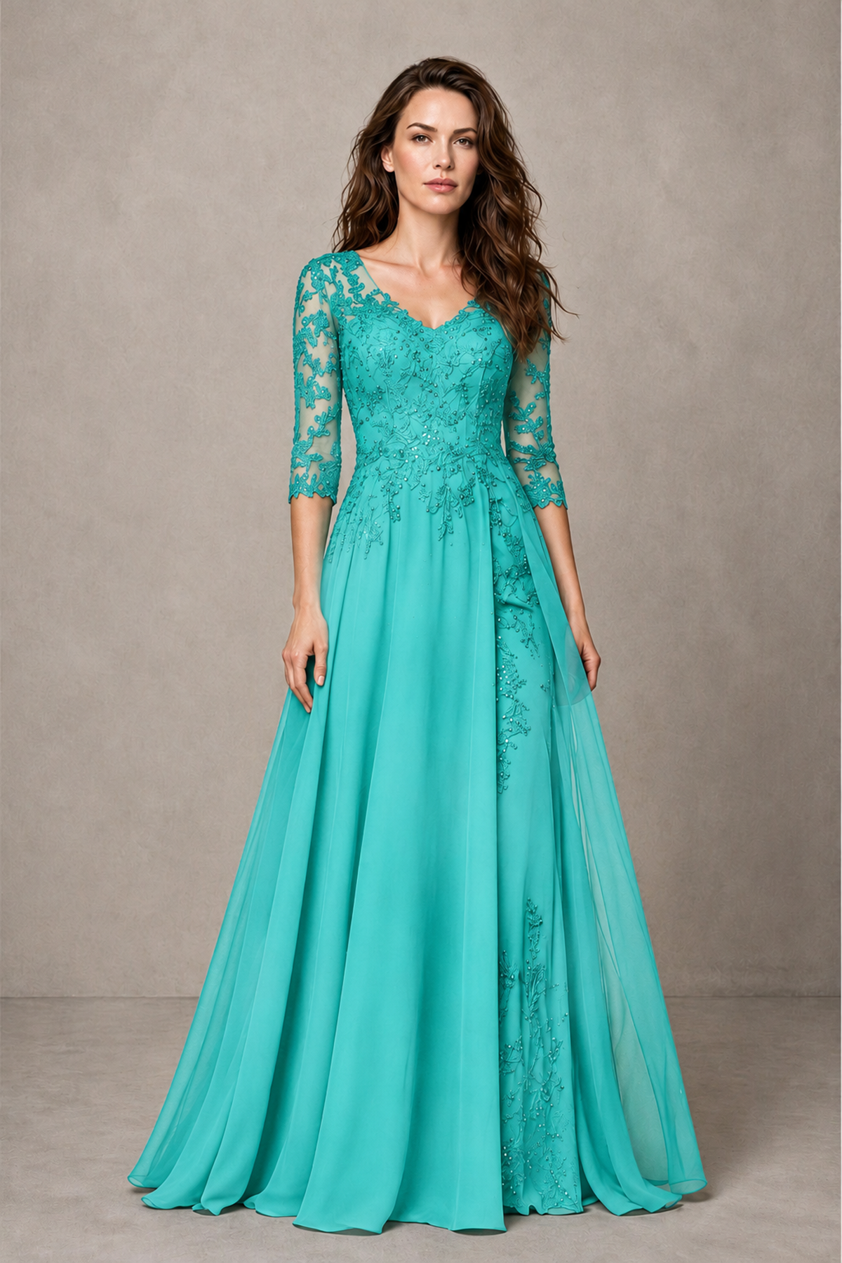 BOLODOO Midnight Turquoise Beaded Lace Appliqué Chiffon A-Line Gown | Mother of the Bride & Formal Evening Dress - Turquoise - Turquoise_1