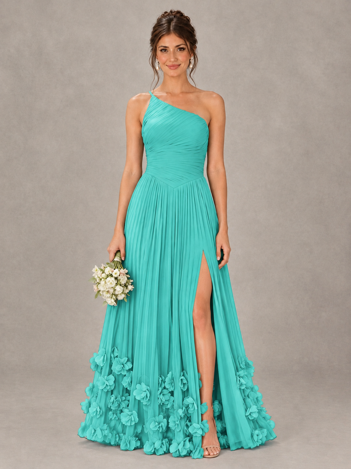BOLODOO Turquoise One-Shoulder Pleated Bridesmaid Dress with 3D Floral Hem - Turquoise - Turquoise_1
