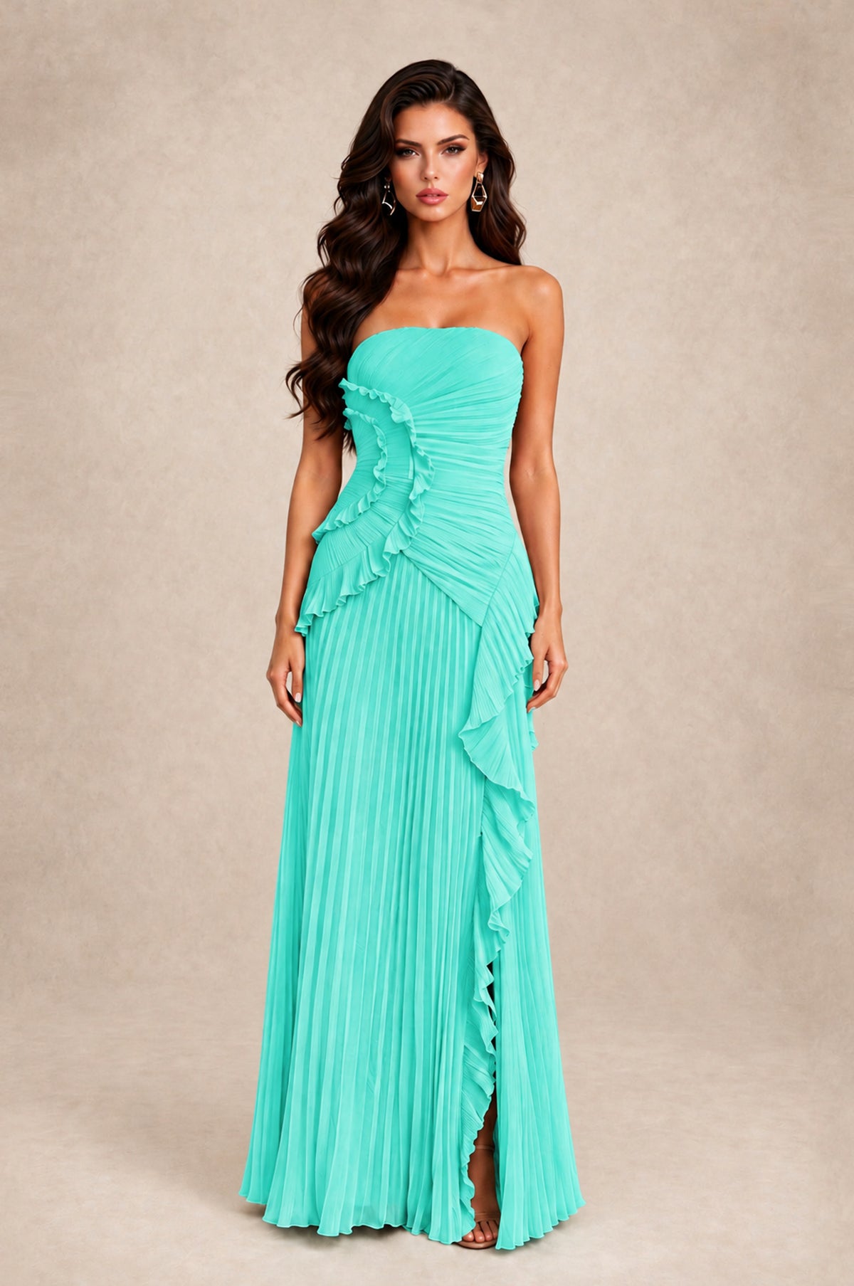 BOLODOO Turquoise Strapless Ruffle Pleated Slit Evening Gown - Turquoise - Turquoise_1
