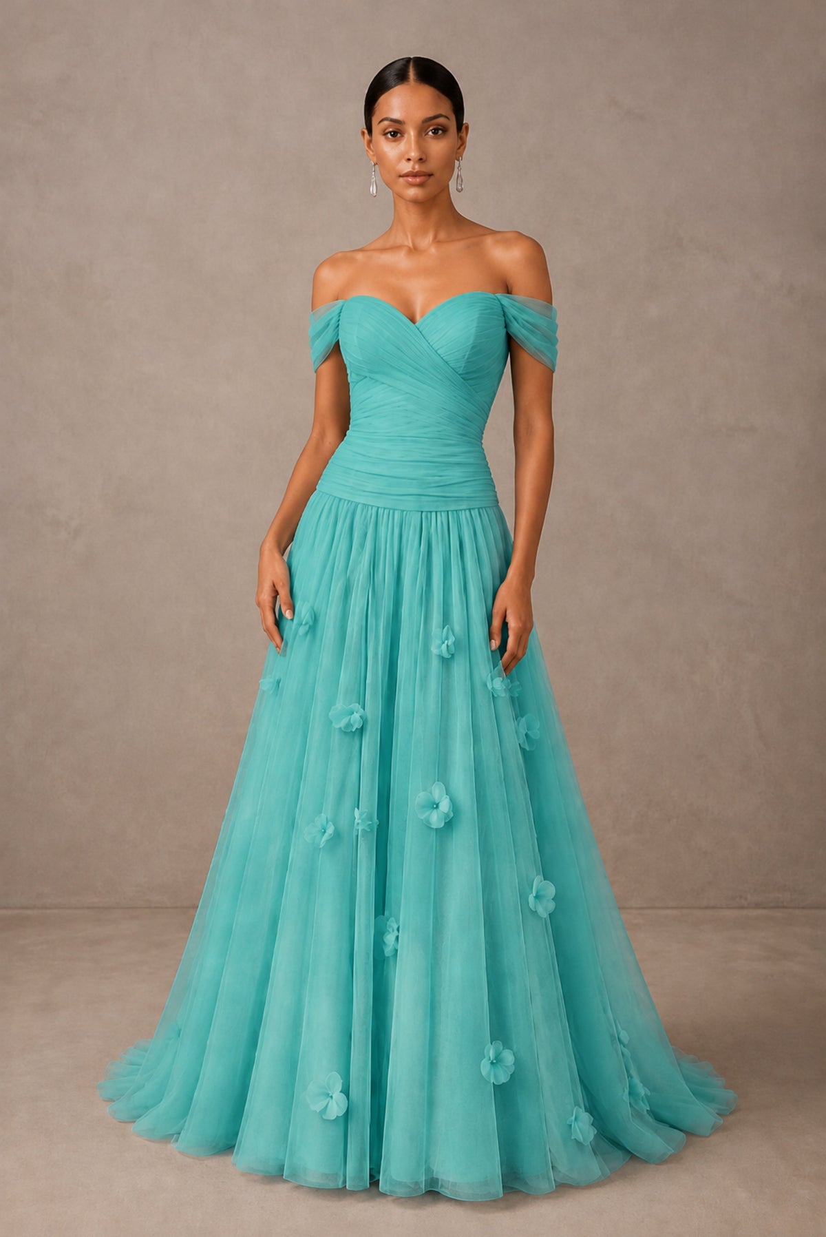 Turquoise Off-Shoulder Sweetheart A-Line Tulle Gown with 3D Floral Appliques | BOLODOO - Turquoise
