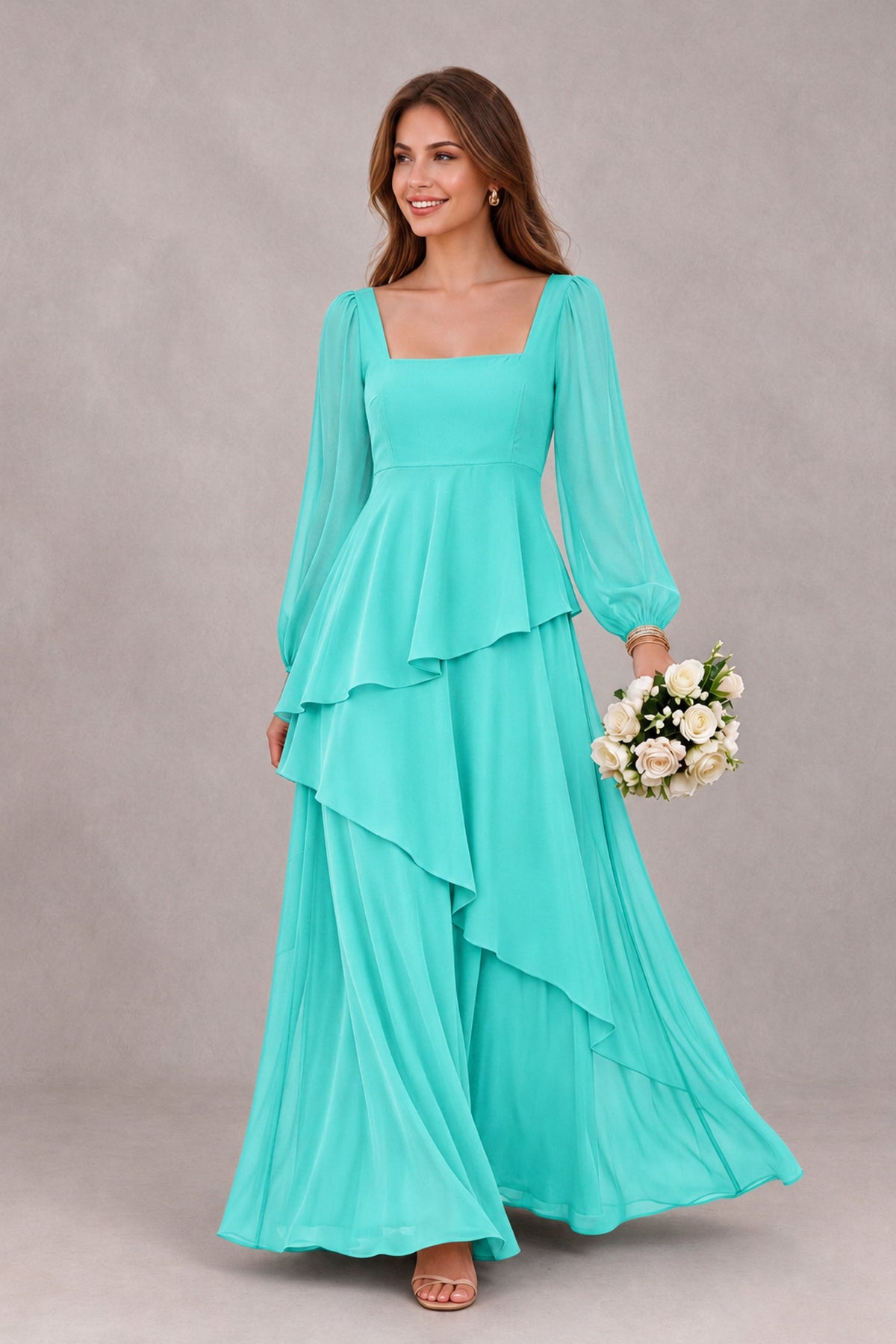 BOLODOO Turquoise Long Sleeve Ruffle Bridesmaid Dresses - Turquoise - Turquoise_1