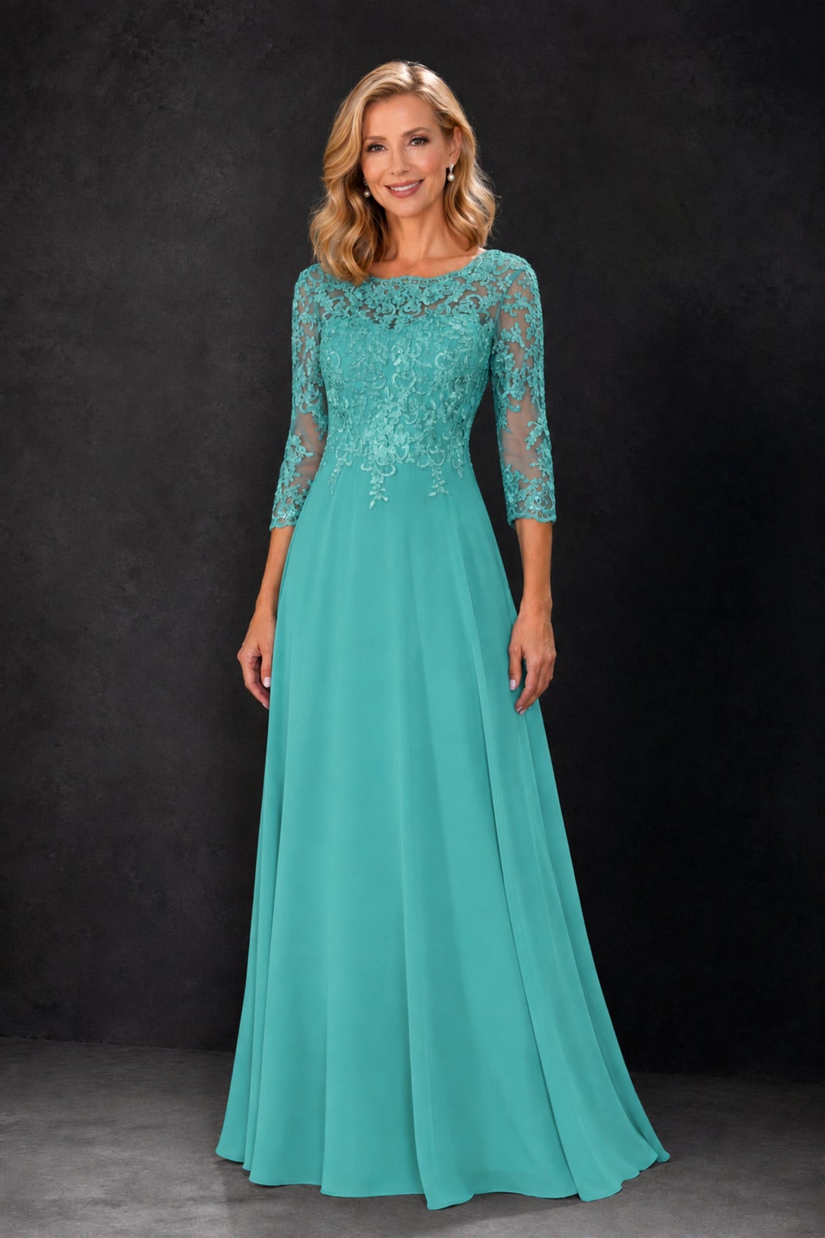 BOLODOO Turquoise Lace Embroidered Mother of the Bride Dress with 3/4 Sleeves - Turquoise