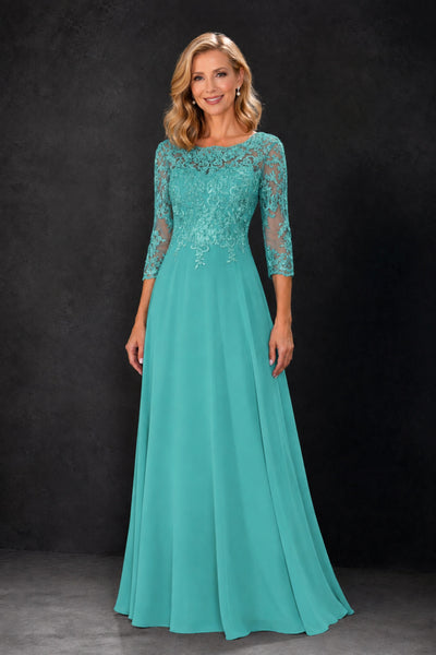 BOLODOO Turquoise Lace Embroidered Mother of the Bride Dress with 3/4 Sleeves - Turquoise