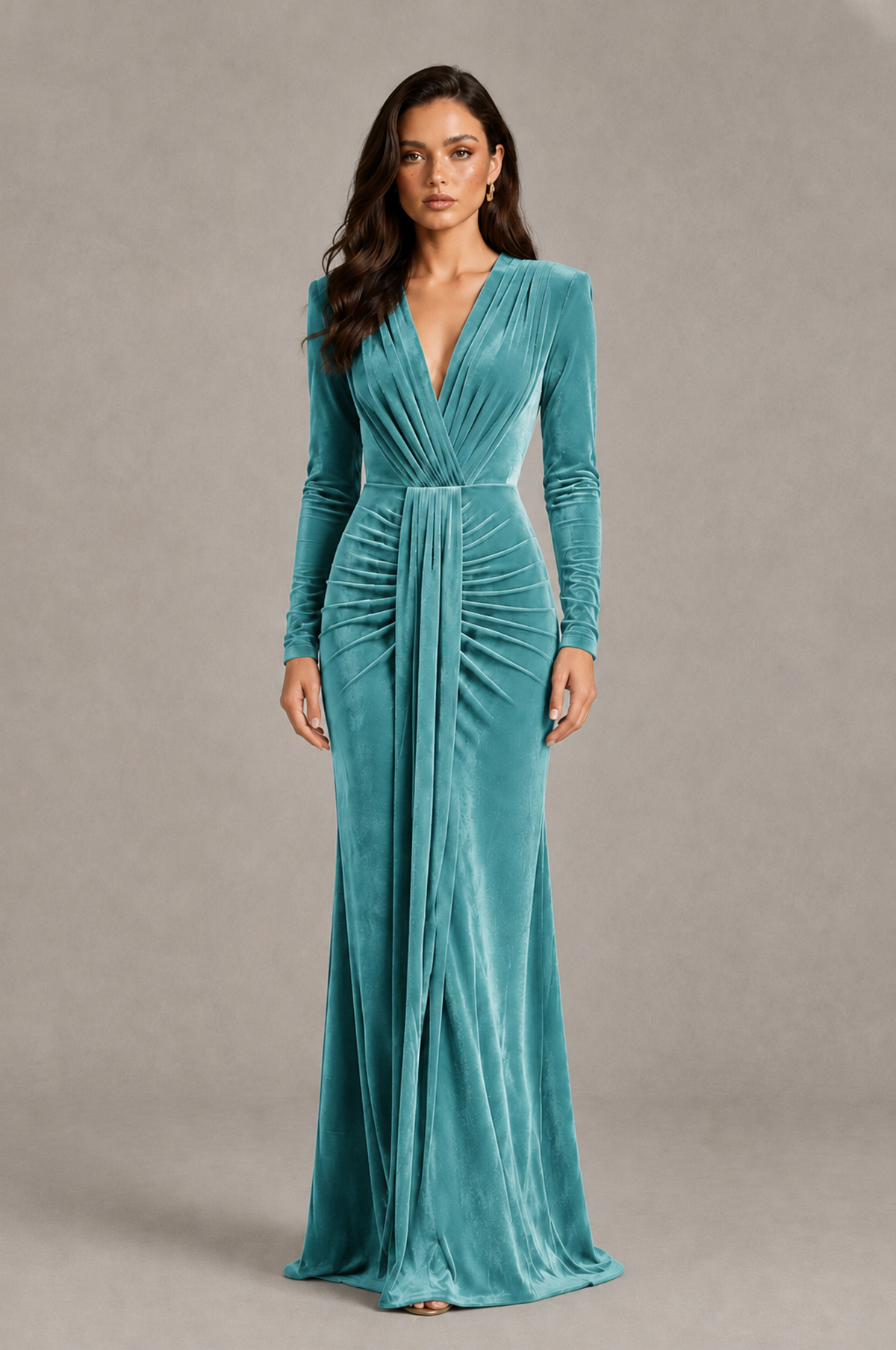 BOLODOO Turquoise Velvet Long Sleeve V-Neck Ruched Evening Gown - Turquoise