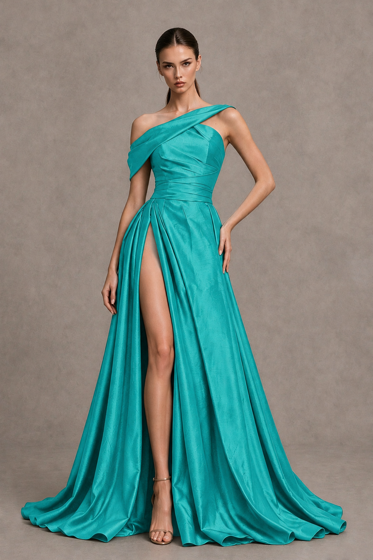 BOLODOO Turquoise Asymmetric Satin-Look A-Line Prom Dress with High Slit - Turquoise - Turquoise_1