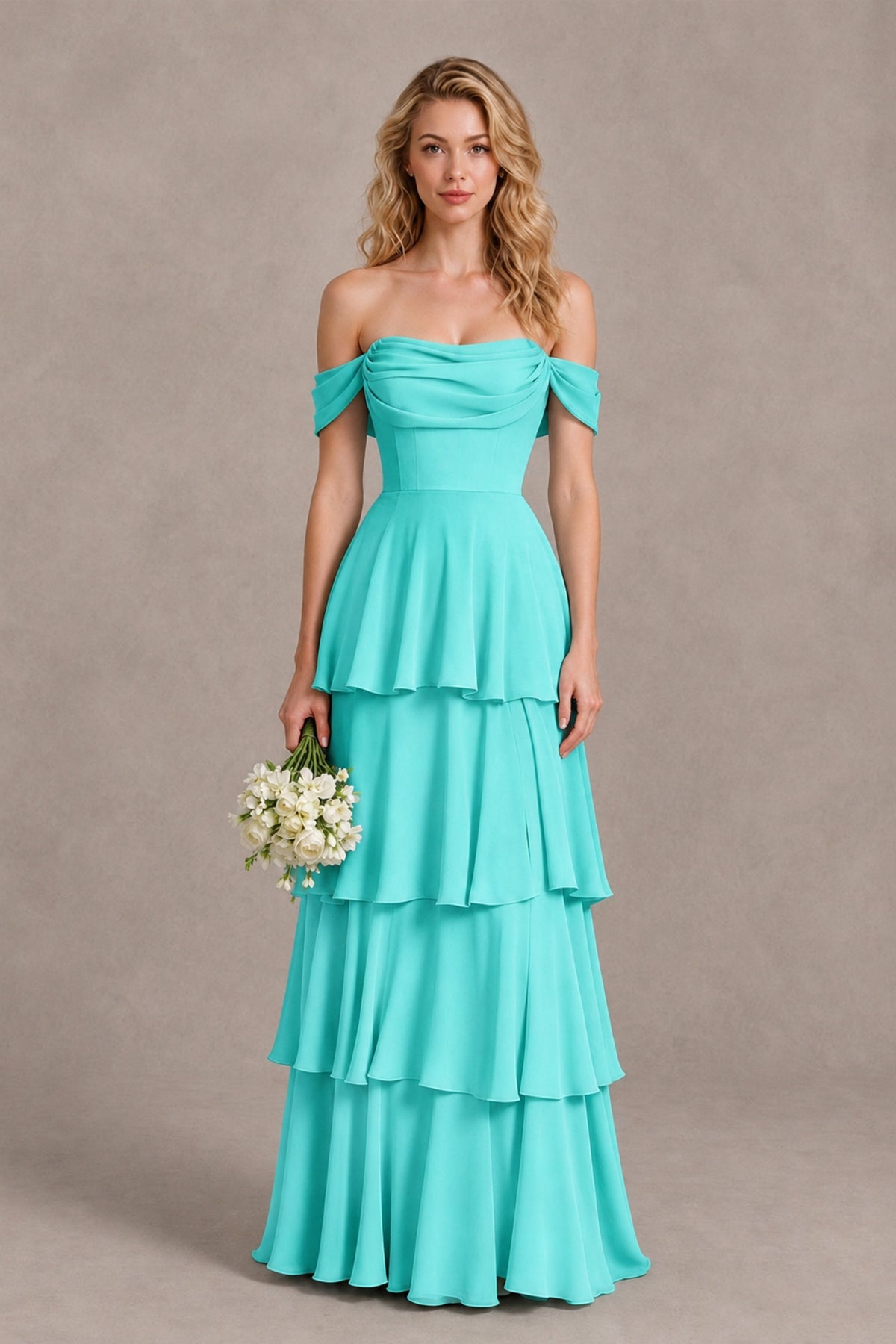 BOLODOO Turquoise Off-the-Shoulder Tiered A-Line Evening Bridesmaid Dress - Turquoise - Turquoise_1