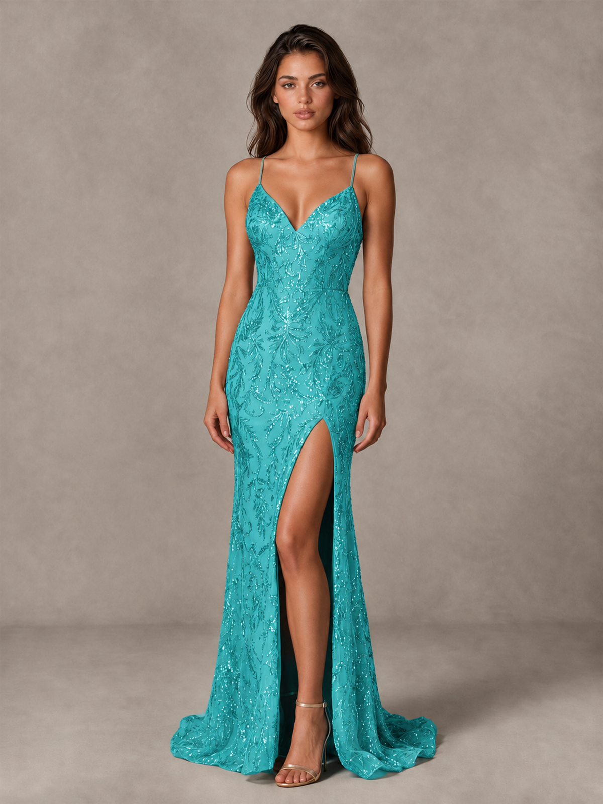 BOLODOO Turquoise Sequin Prom Dress with Lace-Up Back and High Slit - Turquoise - Turquoise_1