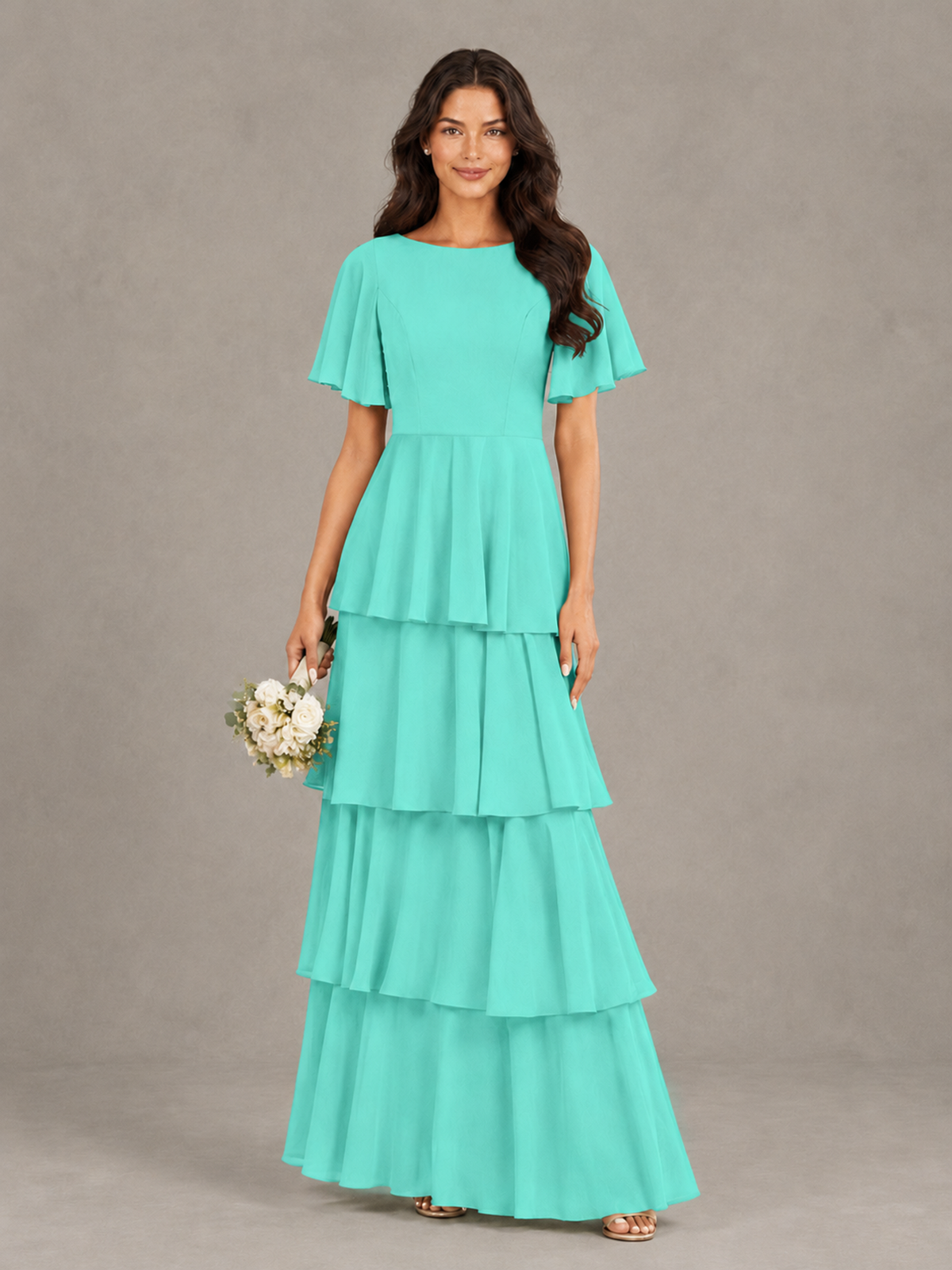 BOLODOO Turquoise Tiered Flutter Sleeve Bridesmaid Dress - Turquoise - Turquoise_1