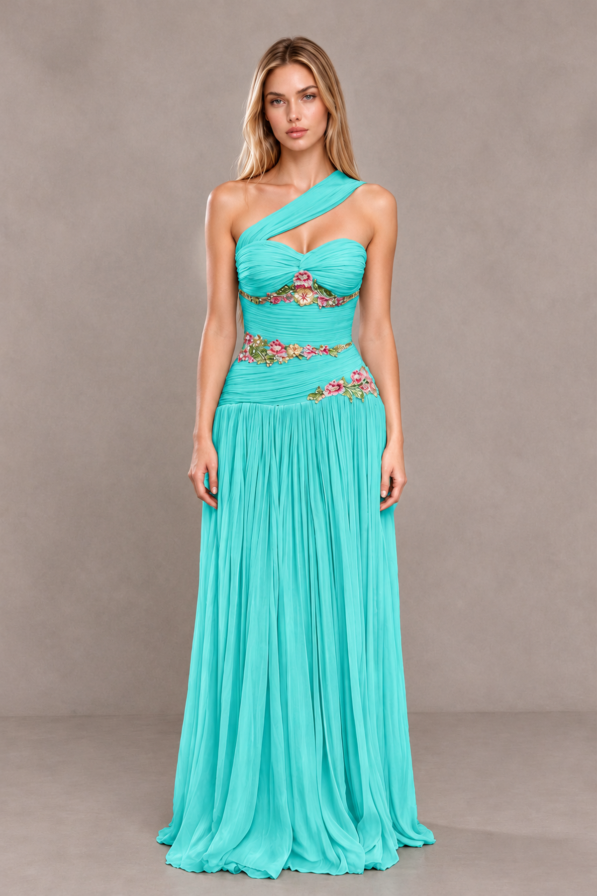 BOLODOO Turquoise One-Shoulder Floral Applique A-Line Evening Dress - Turquoise - Turquoise_1