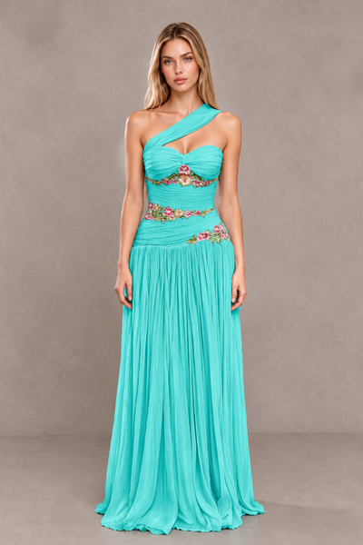 BOLODOO Turquoise One-Shoulder Floral Applique A-Line Evening Dress - Turquoise - Turquoise_1