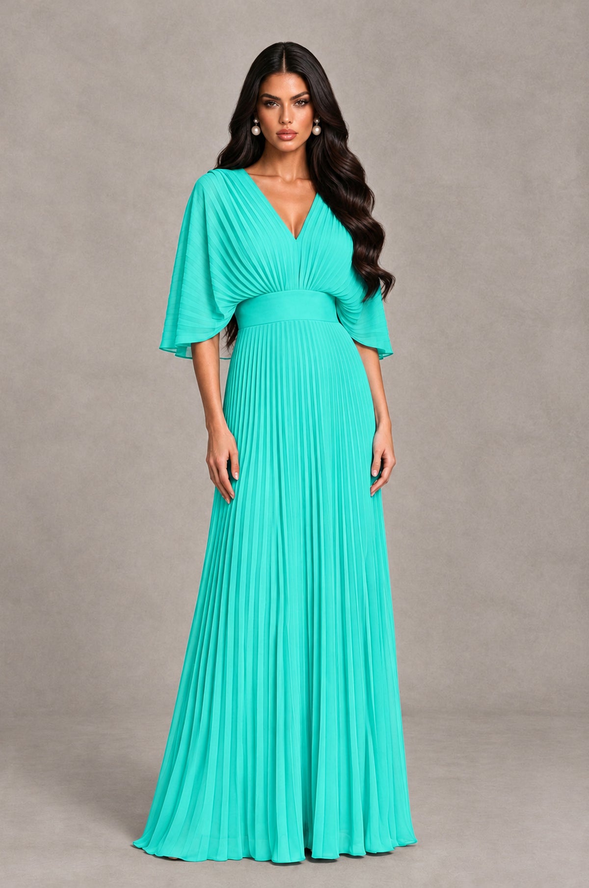 BOLODOO Turquoise V-Neck Pleated Flutter Sleeve Formal Dress - Turquoise - Turquoise_1