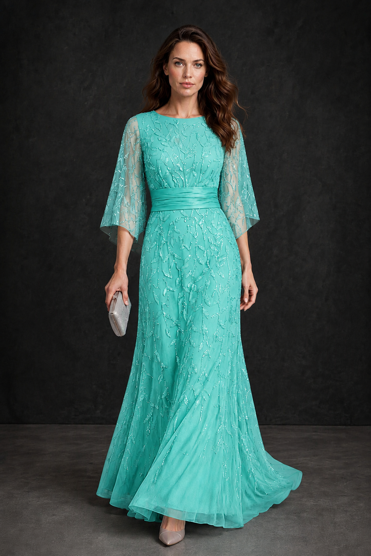 BOLODOO Turquoise Bateau Neck Bell Sleeve Sequin Embroidered Satin Waist A-Line Maxi Dress - Turquoise - Turquoise_1