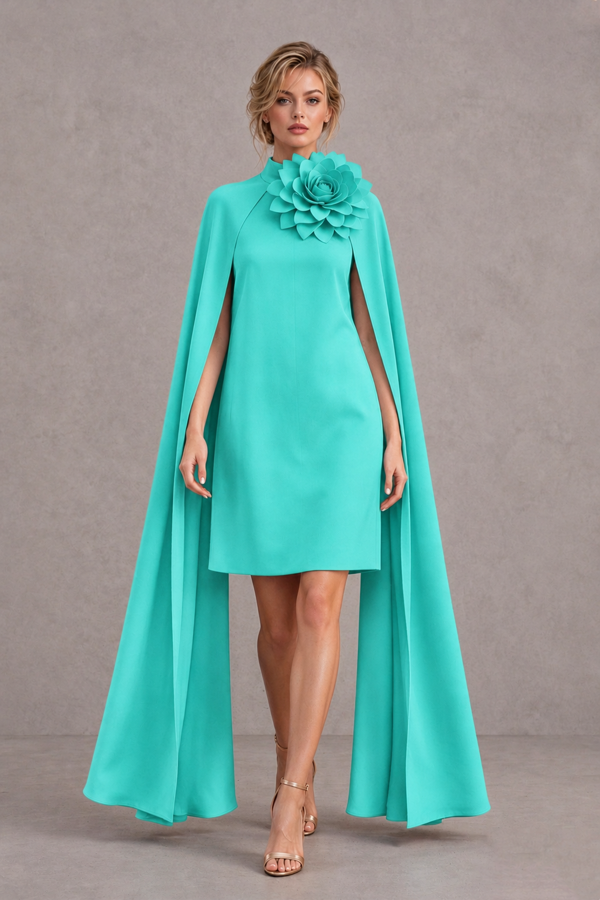 BOLODOO Turquoise High Neck Floral Cape Mini Cocktail Dress - Turquoise - Turquoise_1