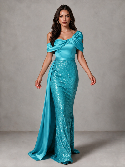 BOLODOO Turquoise Sequin Mermaid Evening Dress with Off-Shoulder Satin Drape and Sweep Train - Turquoise - Turquoise_1