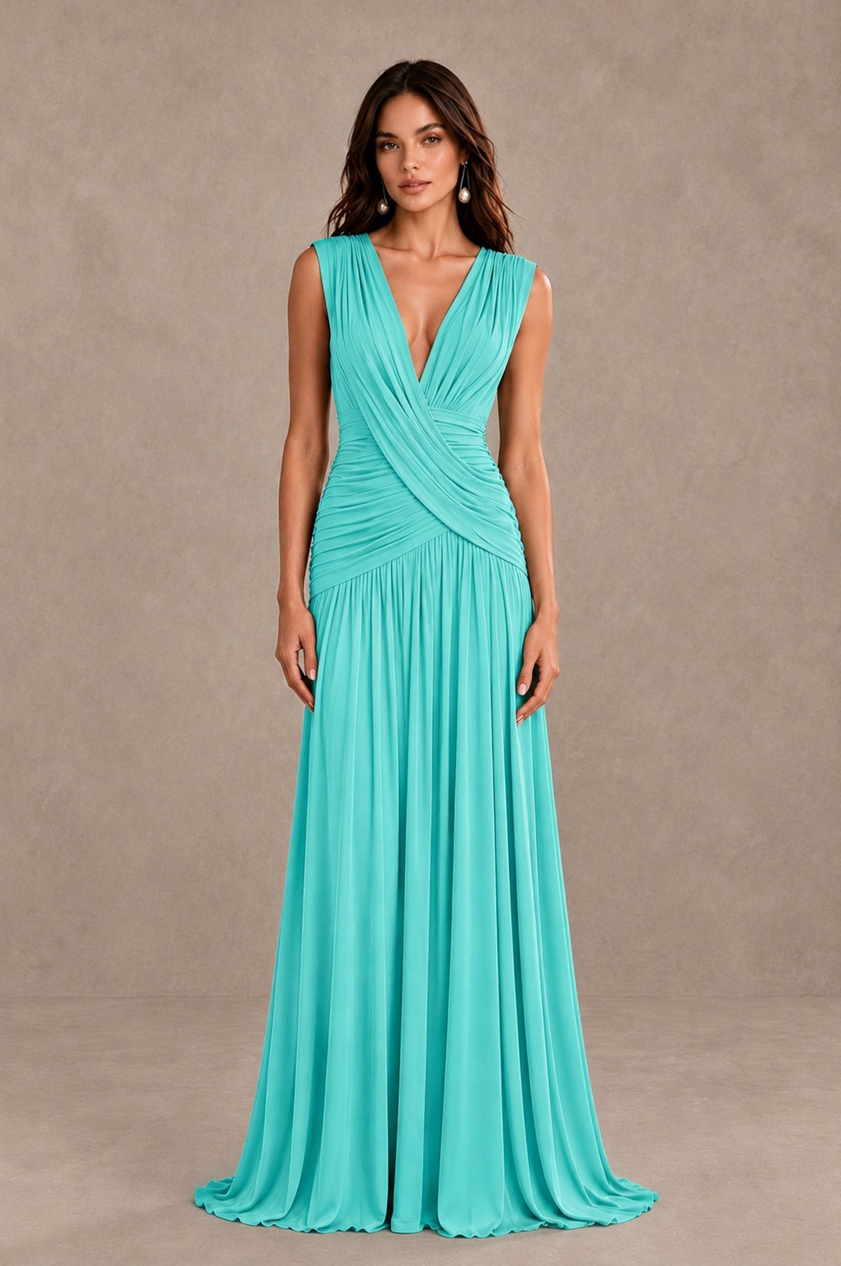 BOLODOO Turquoise V-Neck Ruched Wedding Guest Dress - Turquoise - Turquoise_1