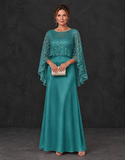BOLODOO Turquoise Sparkle Cape Sleeve Mother of the Bride Dress - Turquoise - Turquoise_1