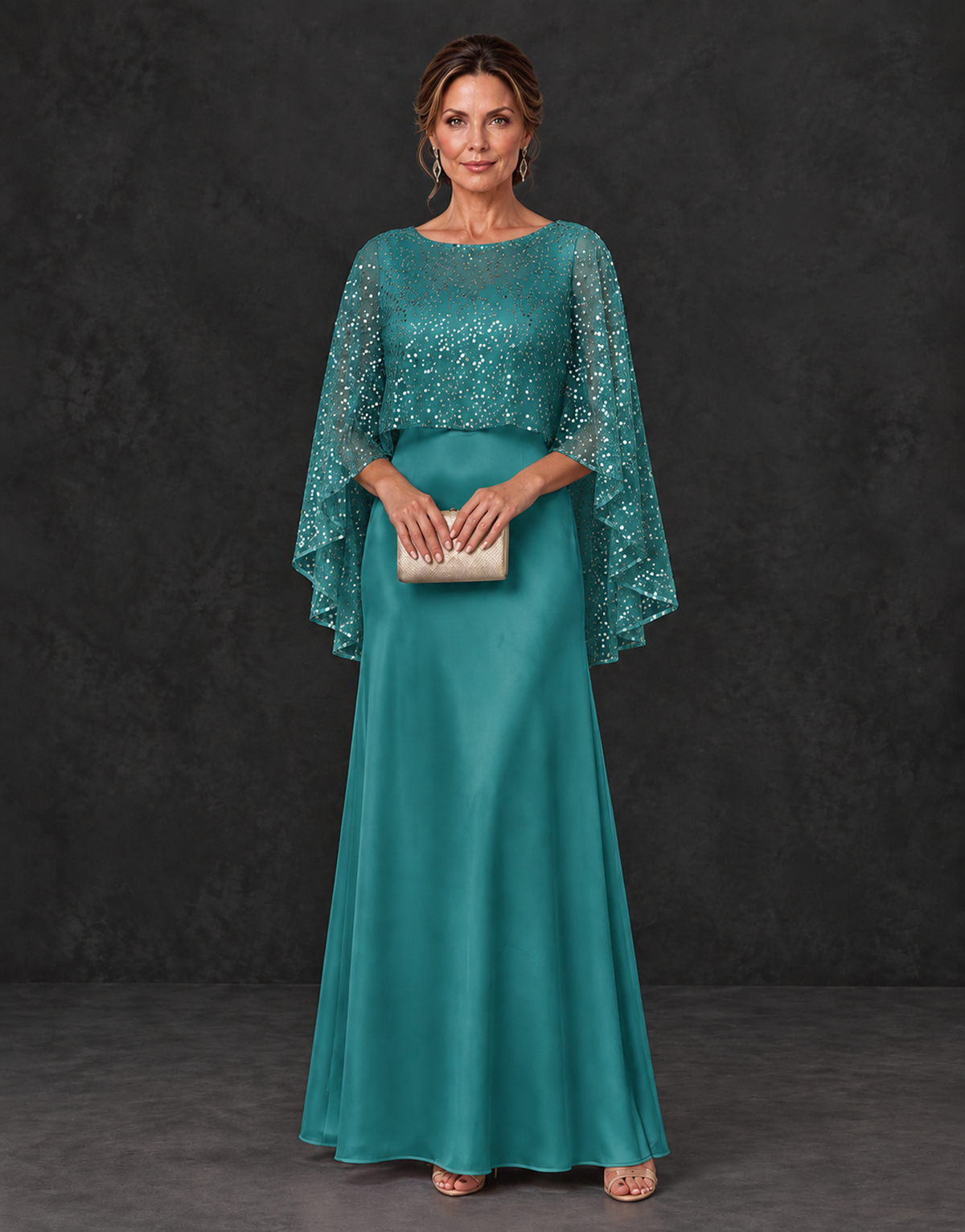 BOLODOO Turquoise Sparkle Cape Sleeve Mother of the Bride Dress - Turquoise - Turquoise_1