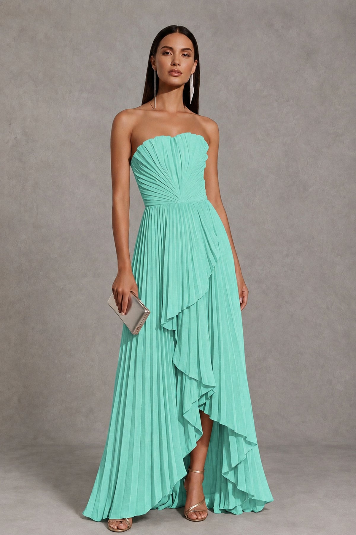 Turquoise Strapless Pleated High-Low Evening Gown with Ruffle Hem - Turquoise