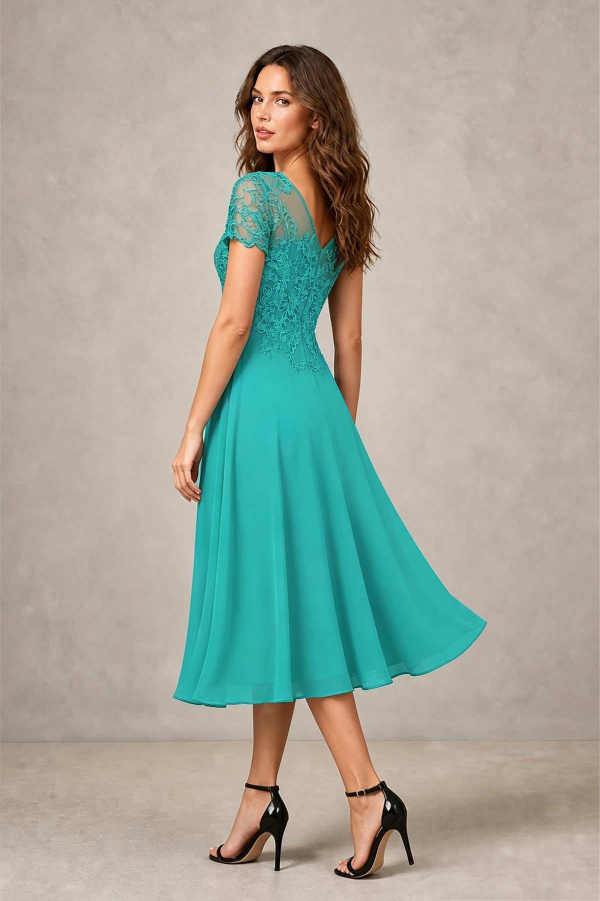 BOLODOO Steel Turquoise Beaded Lace Illusion Bodice Chiffon Tea-Length Dress | Mother of the Bride & Cocktail Party - Turquoise