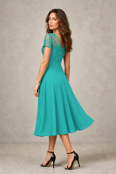 BOLODOO Steel Turquoise Beaded Lace Illusion Bodice Chiffon Tea-Length Dress | Mother of the Bride & Cocktail Party - Turquoise