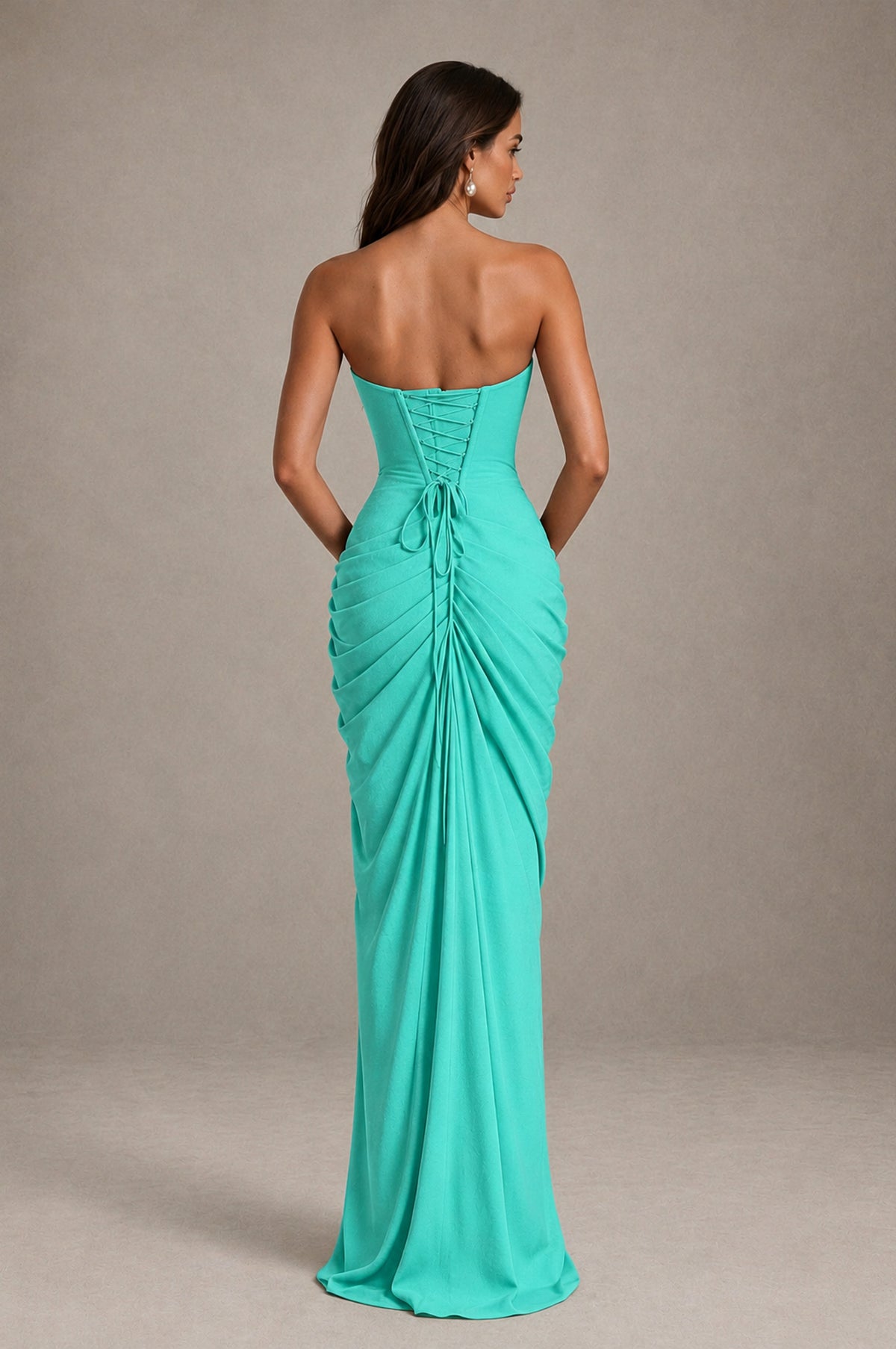 BOLODOO Strapless Draped Maxi Dress - Turquoise Backless Evening Gown with High Slit - Turquoise - Turquoise_2