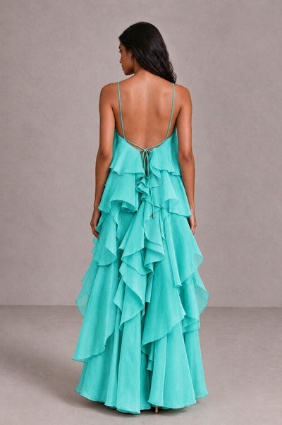 BOLODOO Turquoise Cascading Ruffle Rosette Open-Back Maxi Dress - Turquoise - Turquoise_2