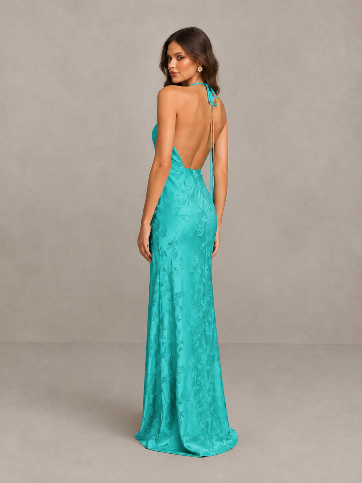 BOLODOO Turquoise Floral Satin Open-Back Bridesmaid Dress - Turquoise - Turquoise_2