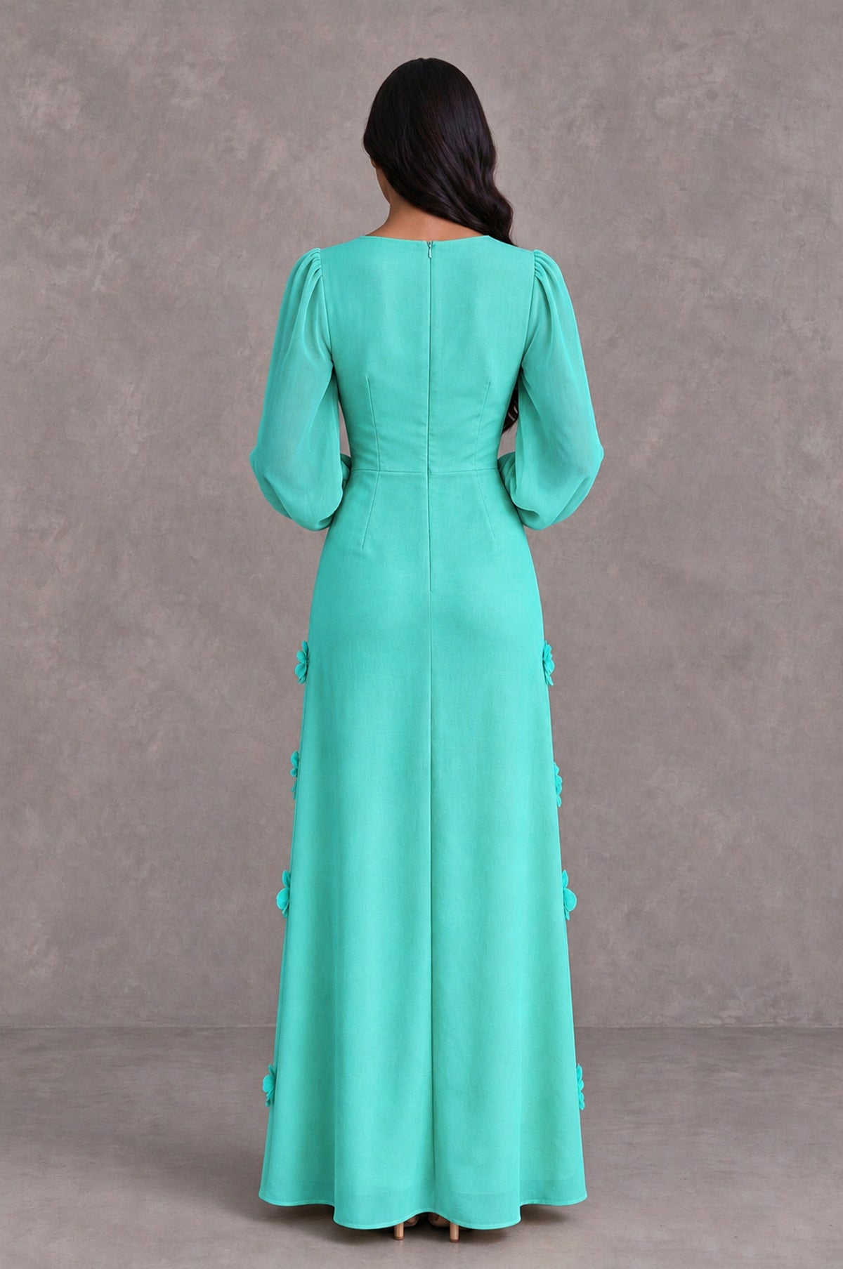 BOLODOO Turquoise Long Sleeve Floral Applique A-Line Evening Dress - Turquoise - Turquoise_2