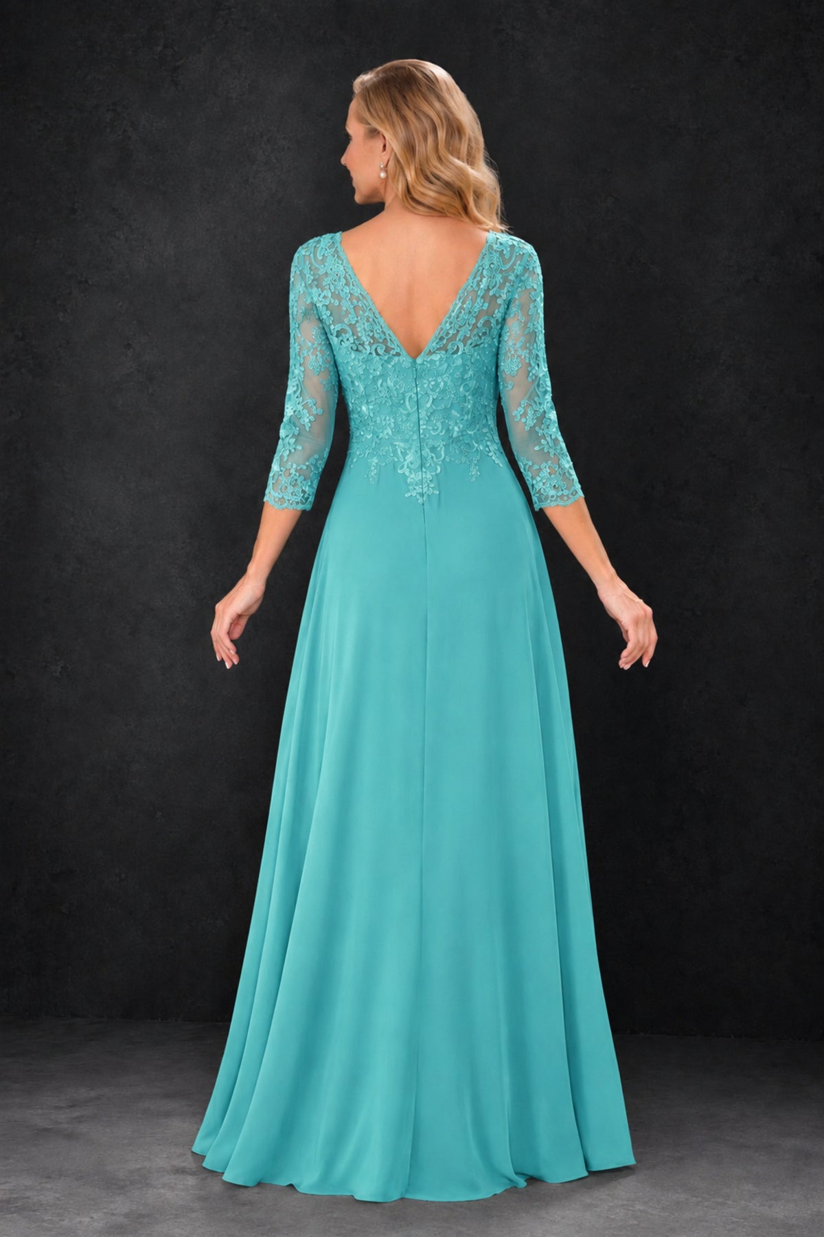 BOLODOO Turquoise Lace Embroidered Mother of the Bride Dress with 3/4 Sleeves - Turquoise