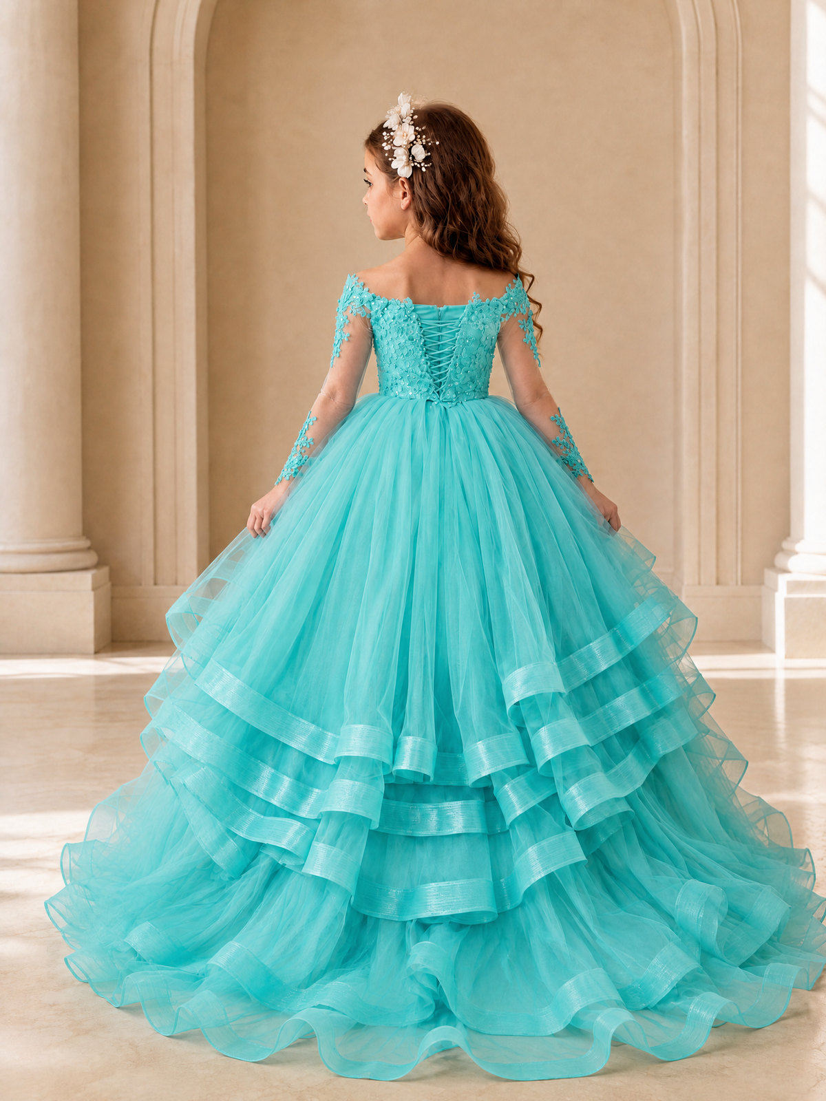 BOLODOO Turquoise Lace Long Sleeve Tiered Flower Girl Dress - Turquoise - Turquoise_2