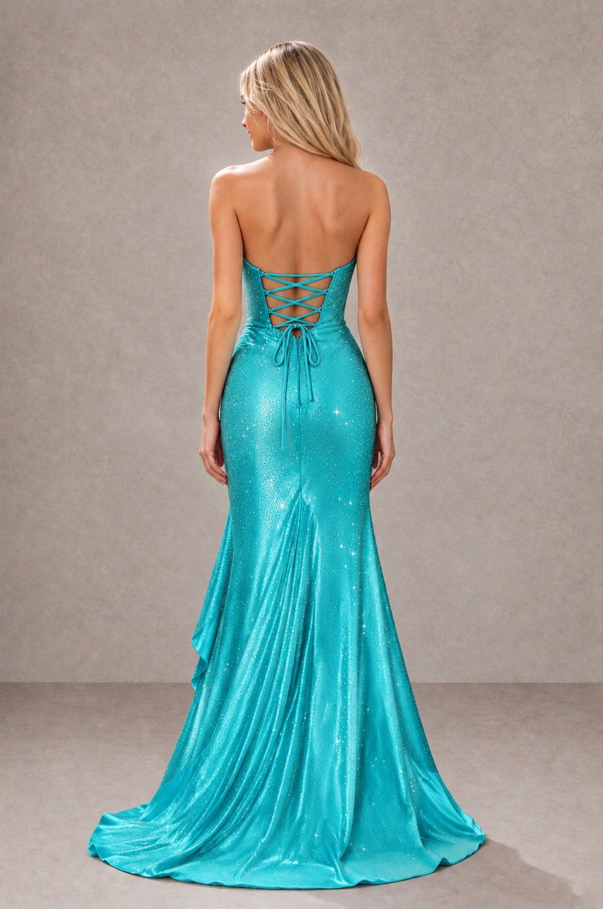 BOLODOO Turquoise Strapless Corset Mermaid Prom Dress with Ruffle Slit - Turquoise - Turquoise_2