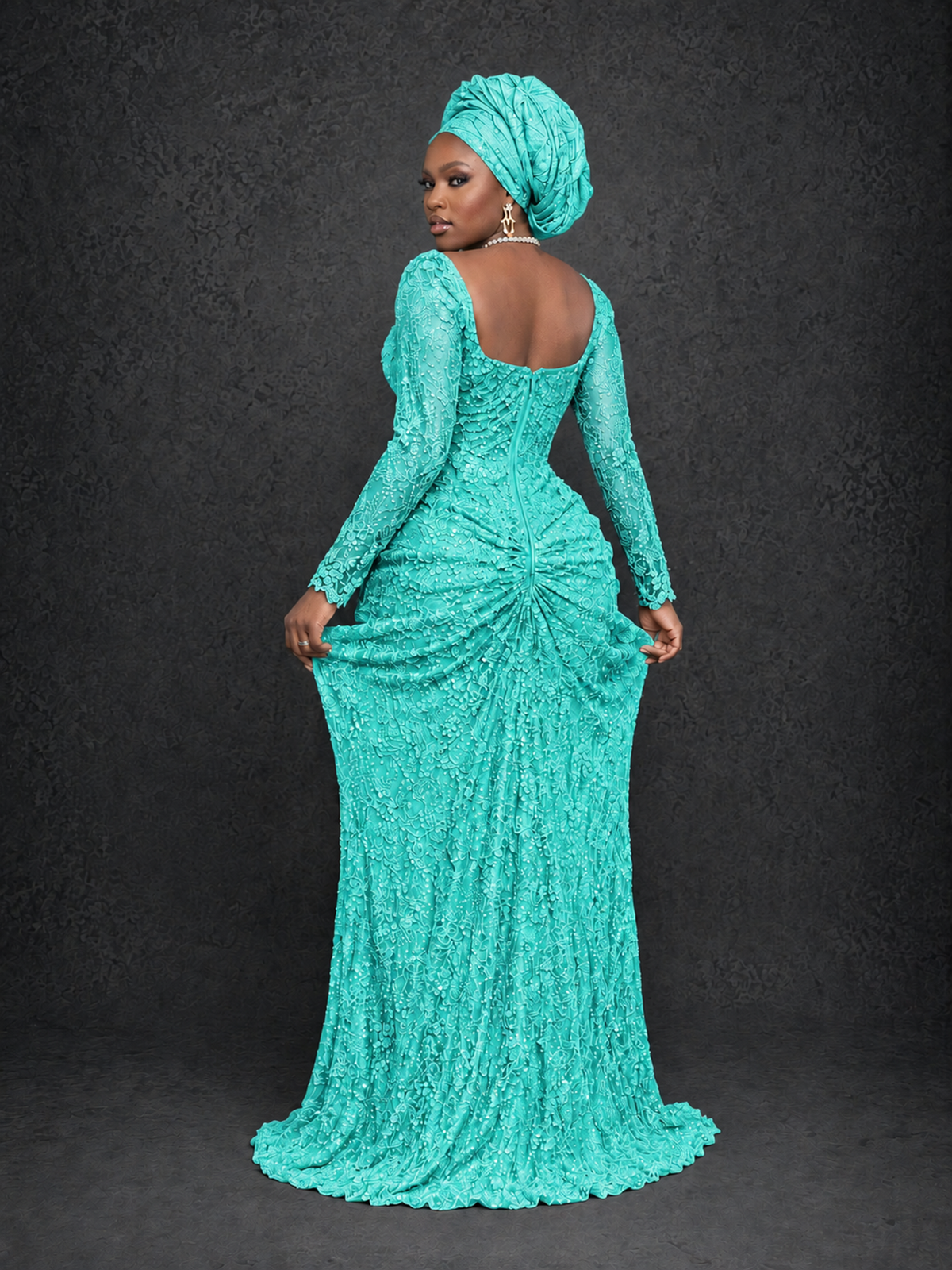 BOLODOO Turquoise Beaded Lace Long Sleeve Mermaid Gown Sweetheart | Mother of the Bride - Turquoise - Turquoise_2