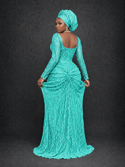 BOLODOO Turquoise Beaded Lace Long Sleeve Mermaid Gown Sweetheart | Mother of the Bride - Turquoise - Turquoise_2