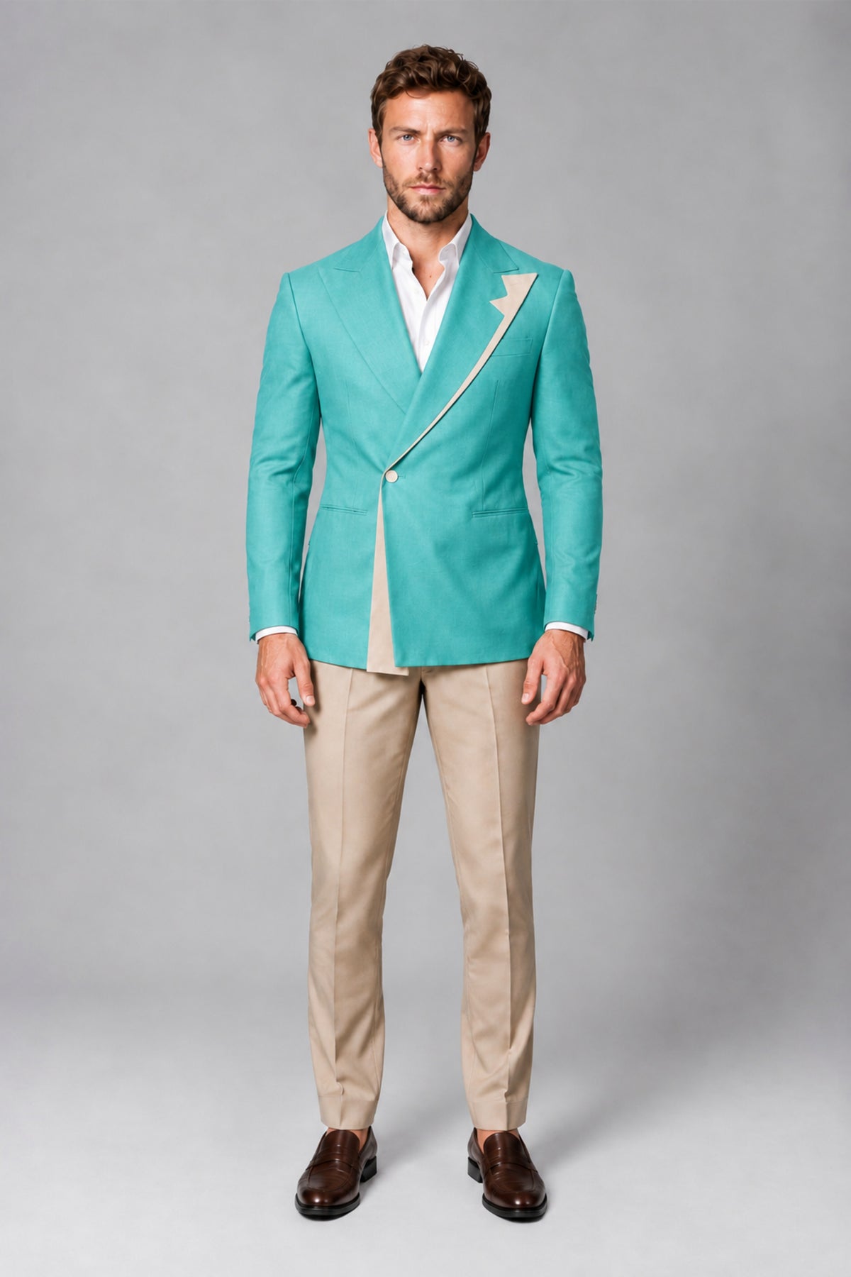BOLODOO Men's Turquoise Double-Breasted Blazer & Khaki Trousers Tuxedo 2-Piece Suit Set - Turquoise - Turquoise_2
