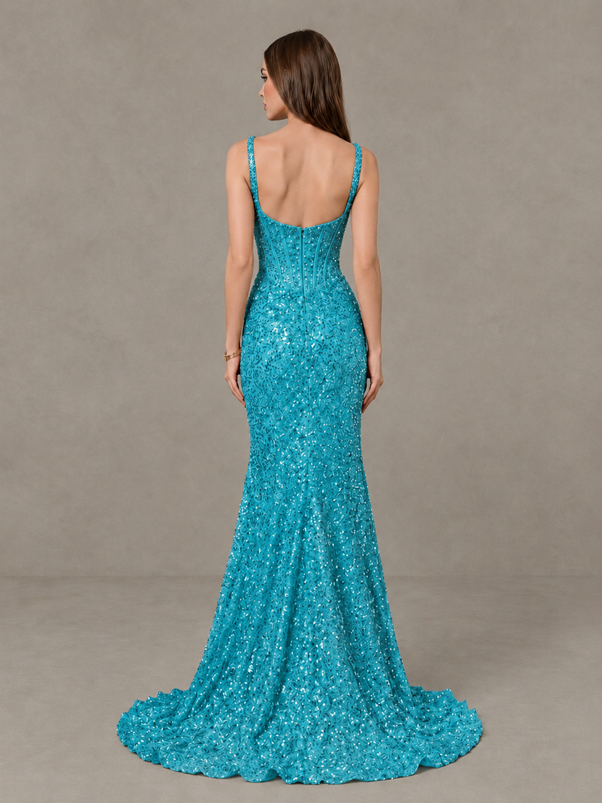 BOLODOO Turquoise Sequin Corset Evening Gown with High Slit - Turquoise - Turquoise_2