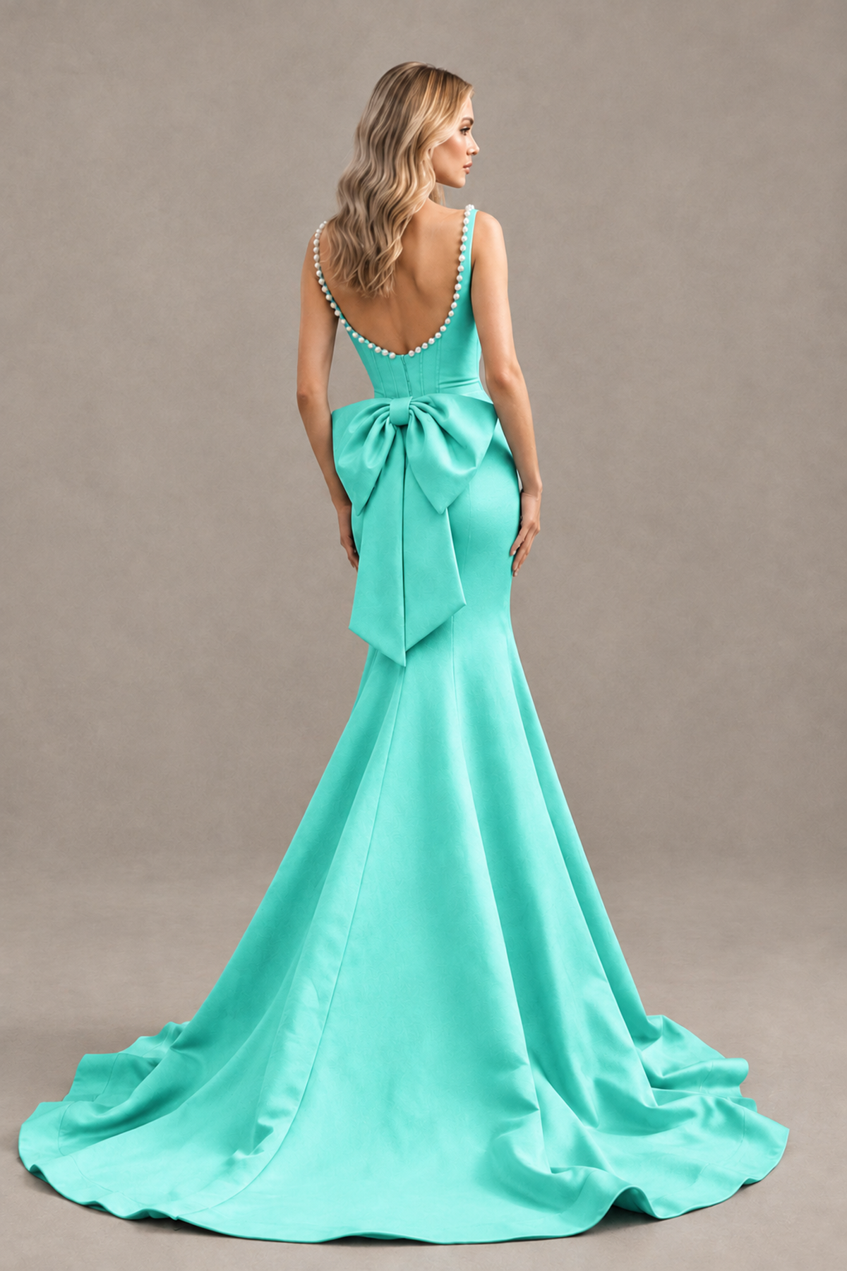 BOLODOO Turquoise Pearl-Trim Mermaid Prom Dress with Back Bow - Turquoise - Turquoise_2
