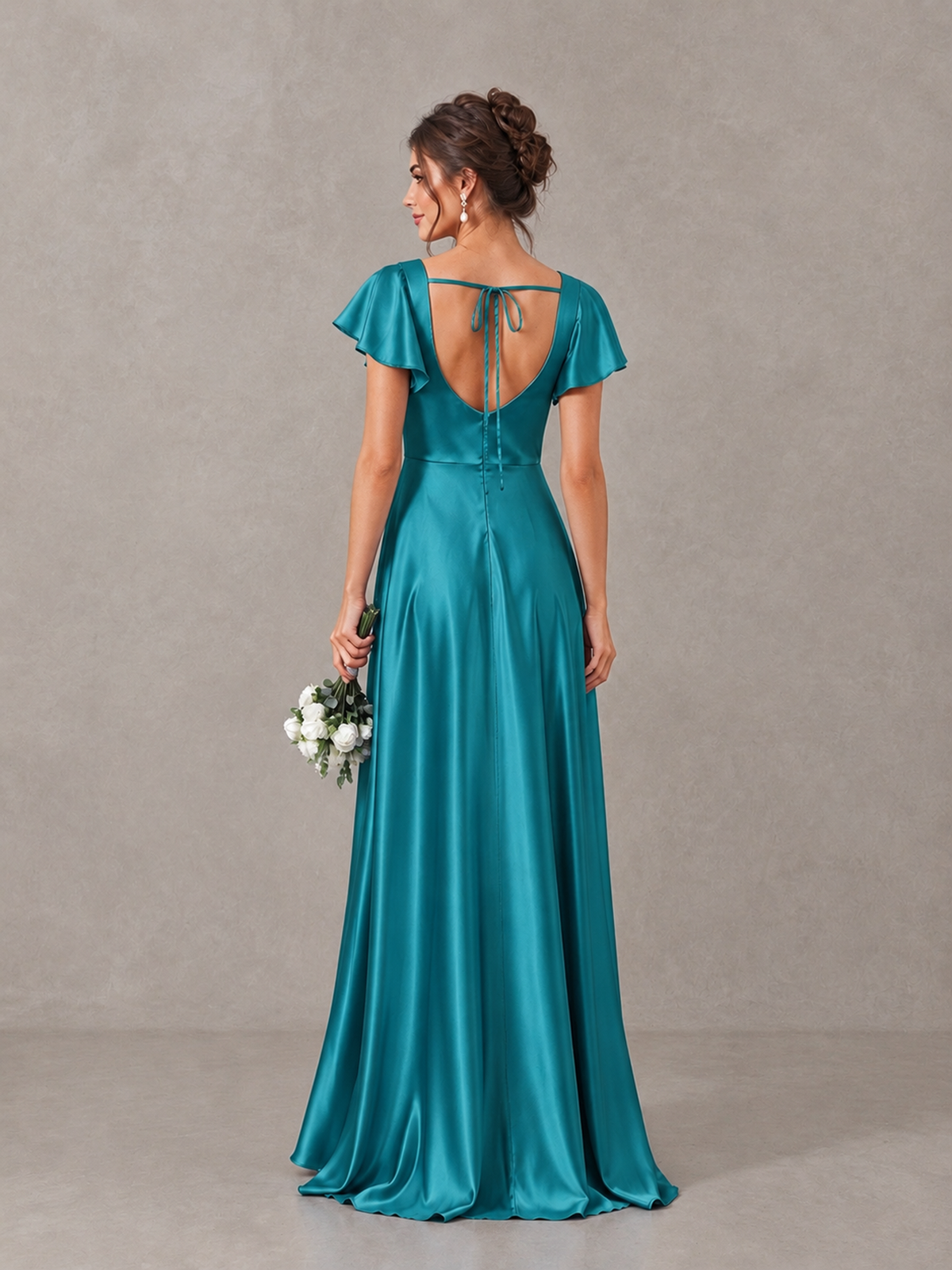 BOLODOO Turquoise Satin Square Neck Flutter Sleeve A-Line Bridesmaid Dress with Slit - Turquoise - Turquoise_2