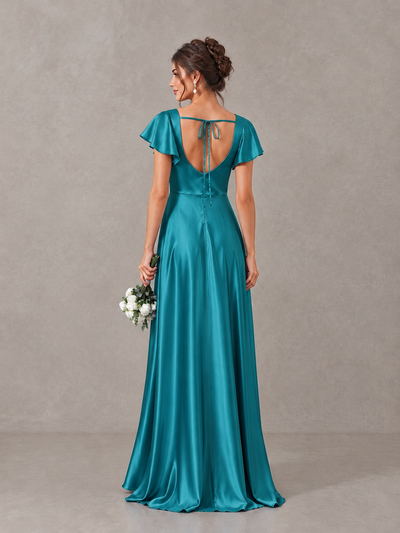 BOLODOO Turquoise Satin Square Neck Flutter Sleeve A-Line Bridesmaid Dress with Slit - Turquoise - Turquoise_2