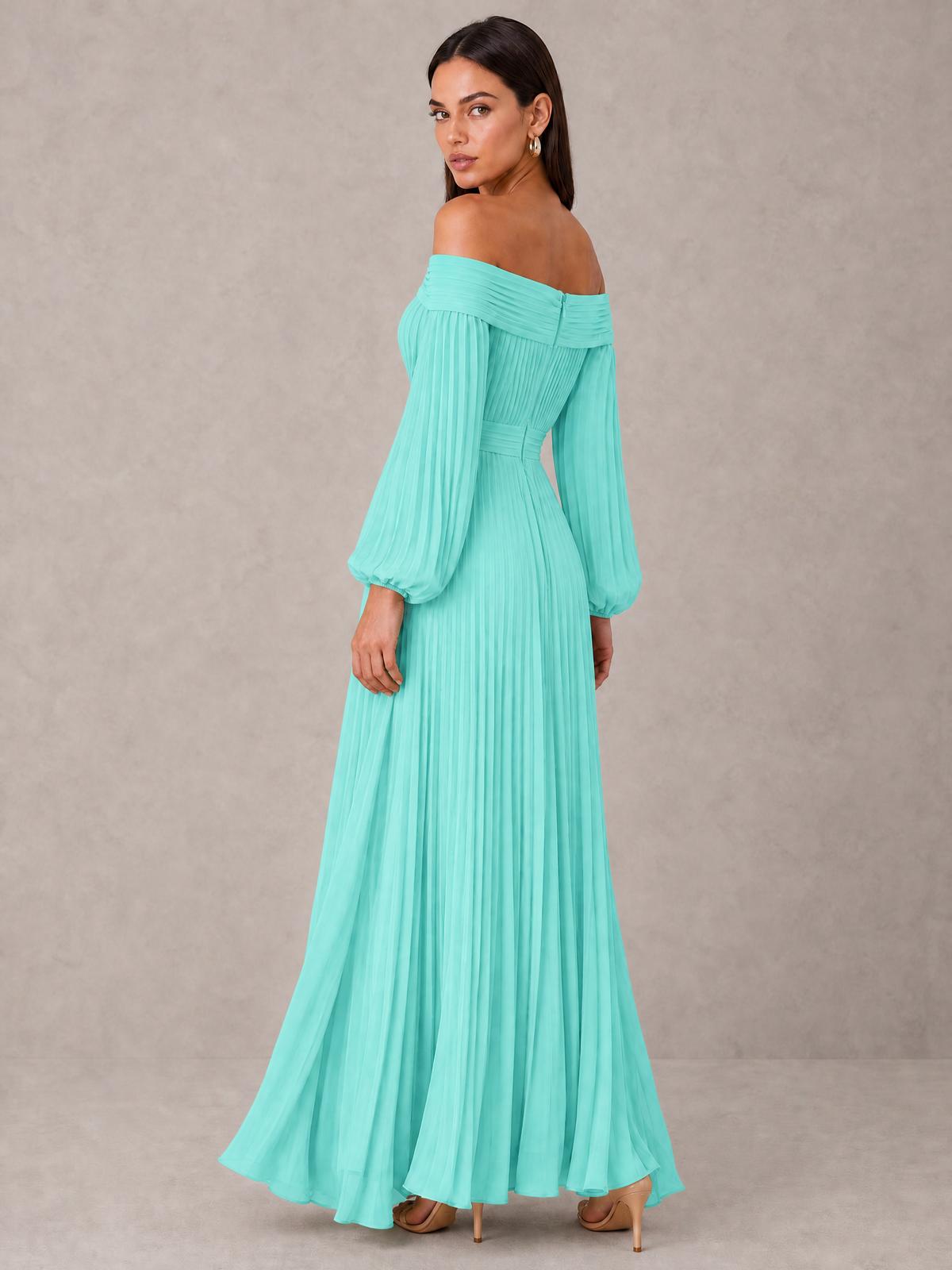 BOLODOO Turquoise Off-Shoulder Long Sleeve Pleated High-Low Dress - Turquoise - Turquoise_2
