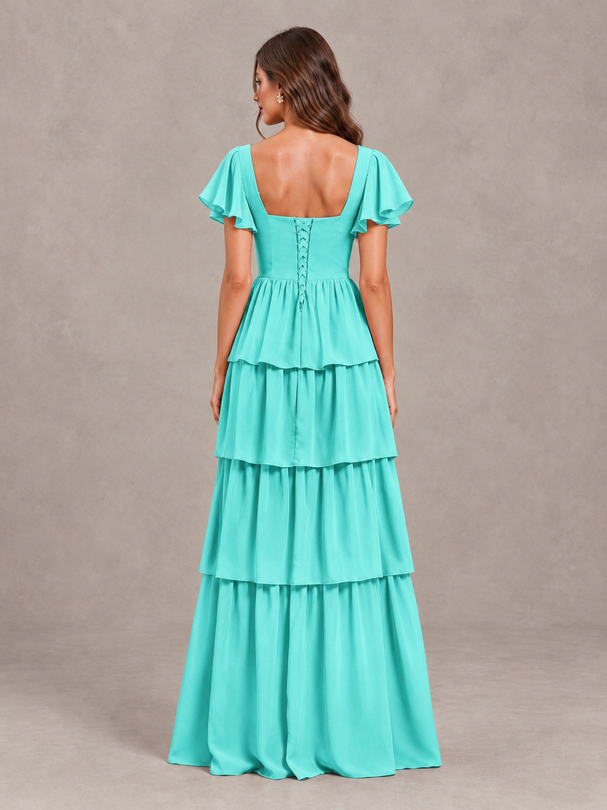 BOLODOO Turquoise Flutter Sleeve Tiered Maxi Bridesmaid Dress - Turquoise - Turquoise_2