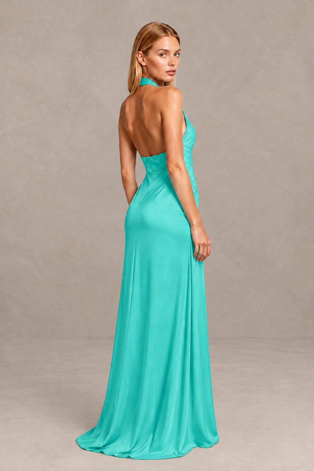 BOLODOO Turquoise Twisted Halter Neck Ruched Sleeveless Open Back Floor-Length Gown - Turquoise - Turquoise_2