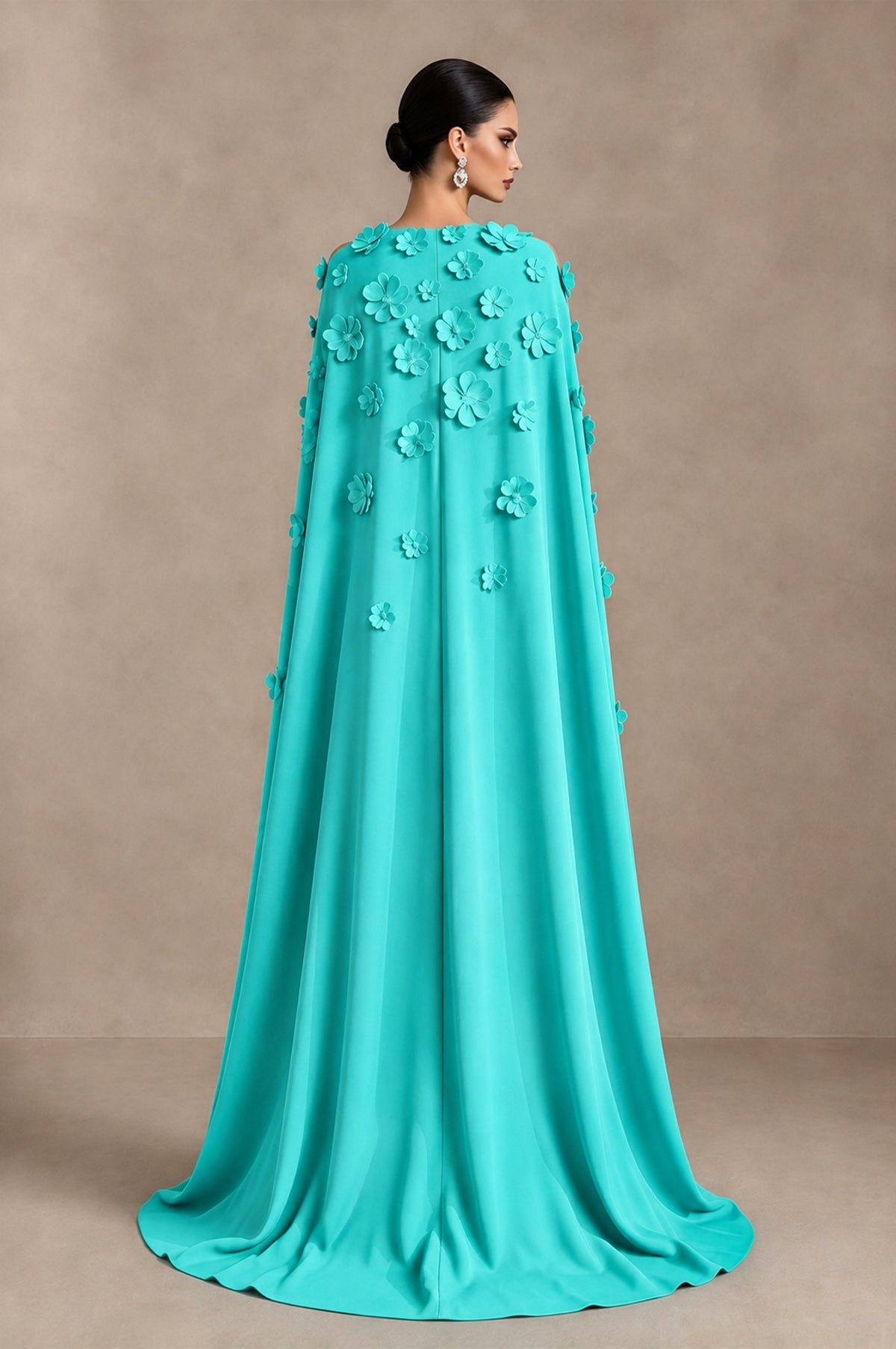BOLODOO Turquoise 3D Floral Applique Cape Formal Dress - Turquoise - Turquoise_2