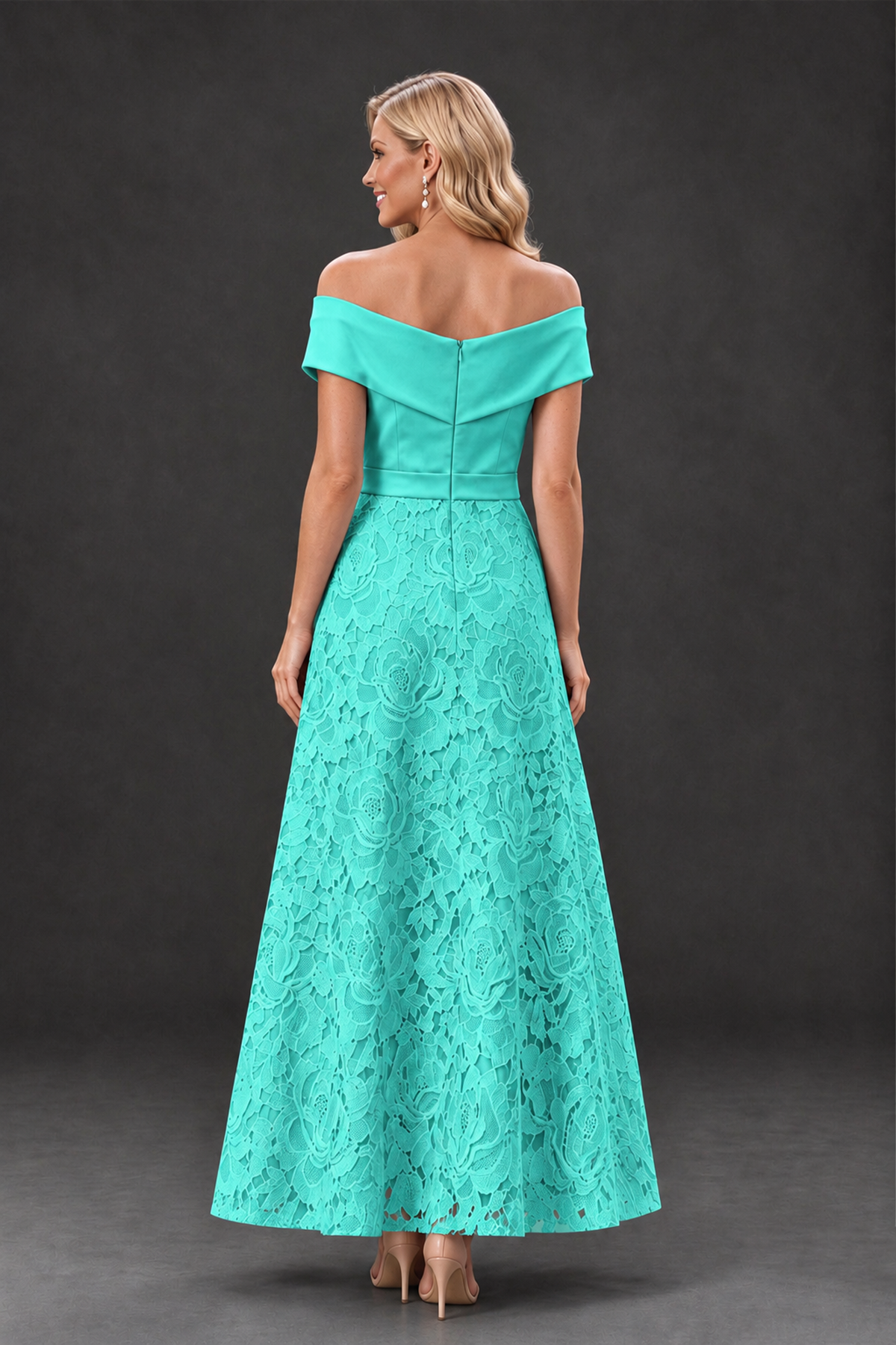 BOLODOO Turquoise Off-the-Shoulder Floral A-Line Mother of the Bride Dress - Turquoise - Turquoise_2