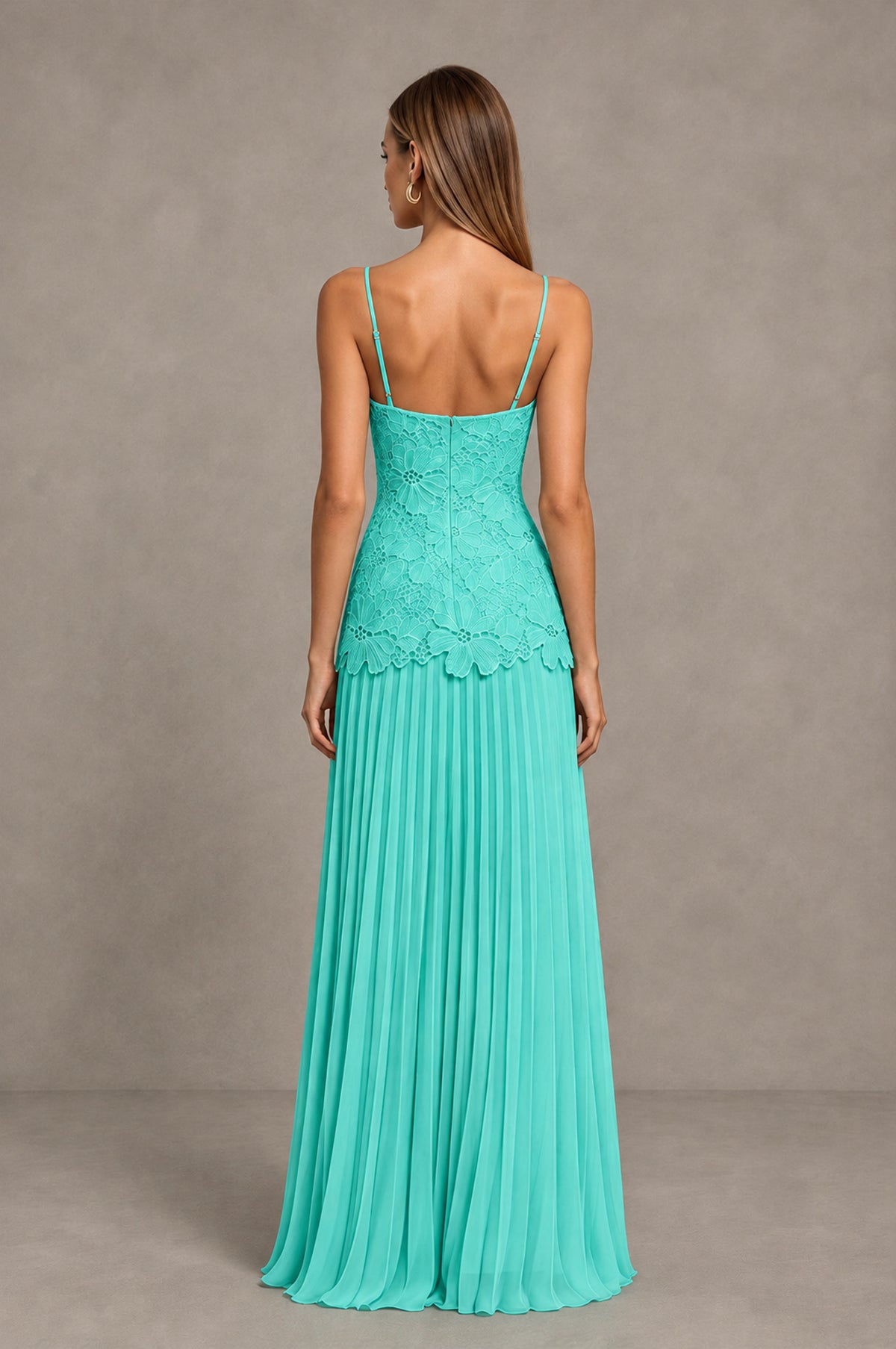 BOLODOO Turquoise Lace Bodice Pleated Wedding Guest Dress - Turquoise - Turquoise_2