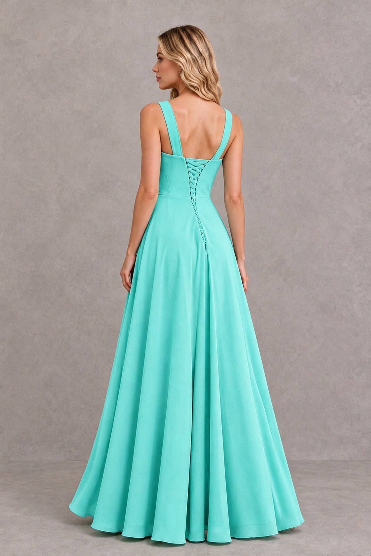 BOLODOO Turquoise Square Neck Ruffle A-Line Bridesmaid Dress with Slit - Turquoise - Turquoise_2