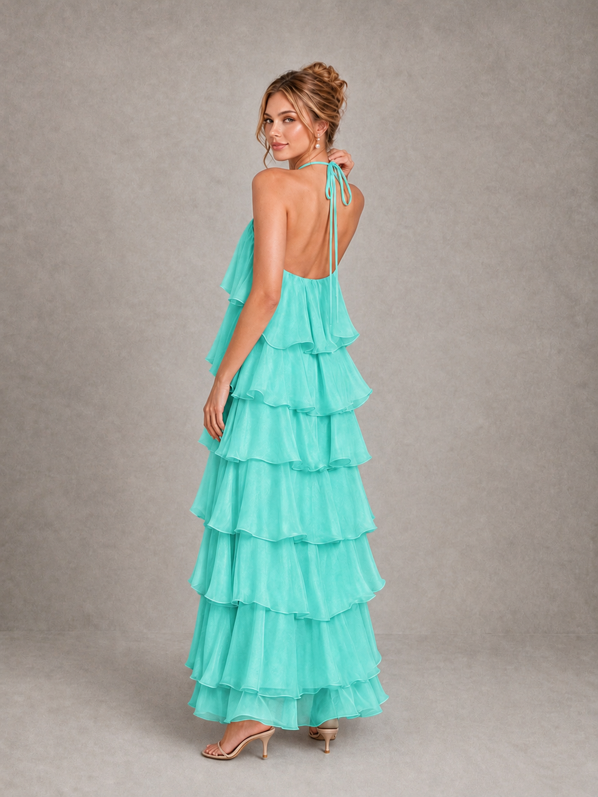 BOLODOO Turquoise Halter Tiered Ruffle Maxi Bridesmaid Dress - Turquoise - Turquoise_2
